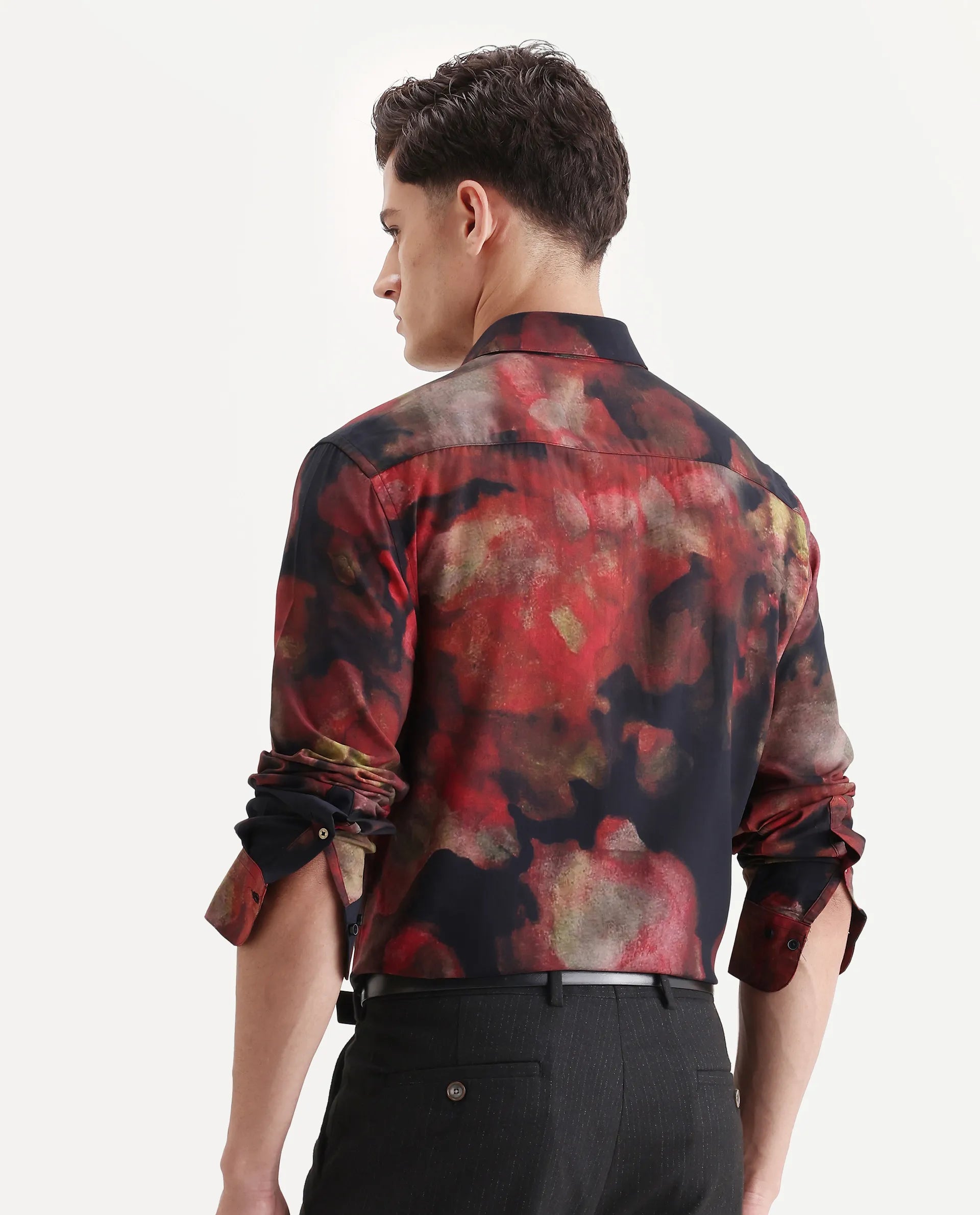 Rare Rabbit Men's Kaya Dark Red Viscose Fabric Collared Neck Regular Fit Abstract Print Shirt