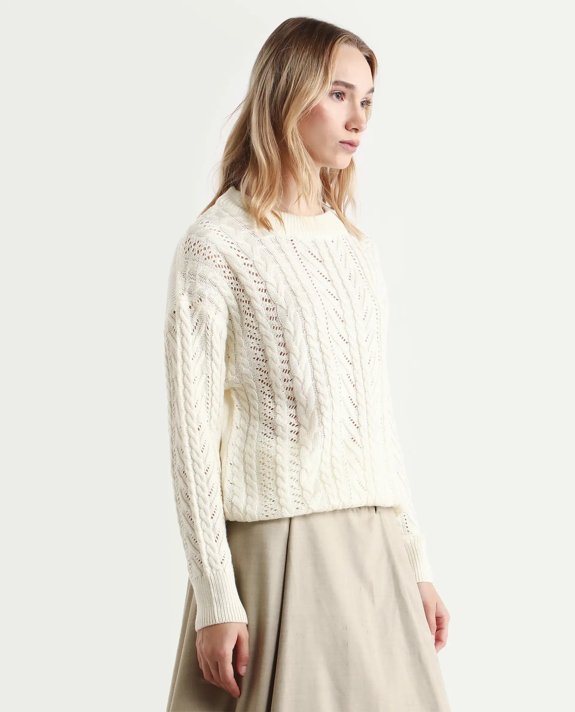 Rareism Women's Kaya Off White Acrylic Crew Neck Plain Regular Fit Sweater