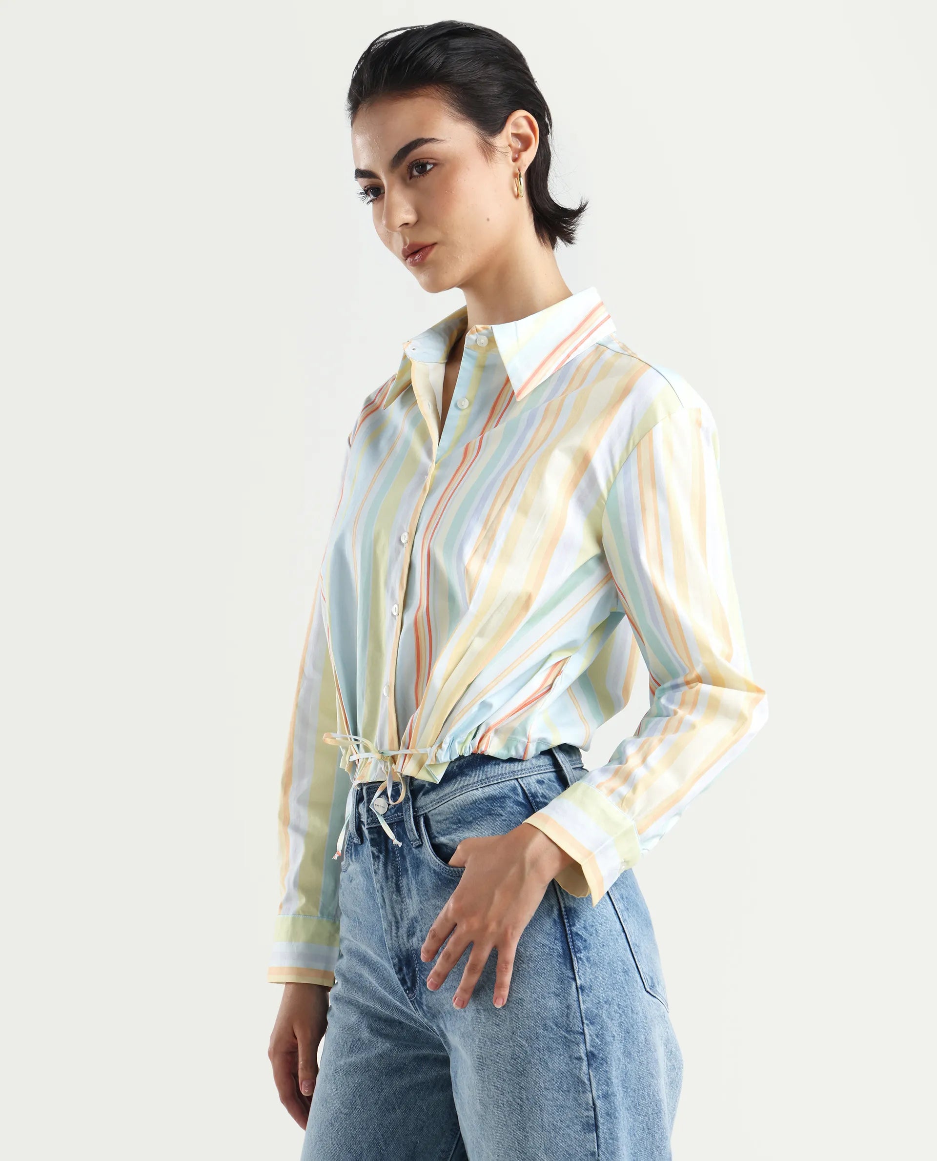 Rareism Women's Kaylae Light Multi Cotton Blend Drop Collar Striped Cuffed Sleeve Crop Regular Fit Top