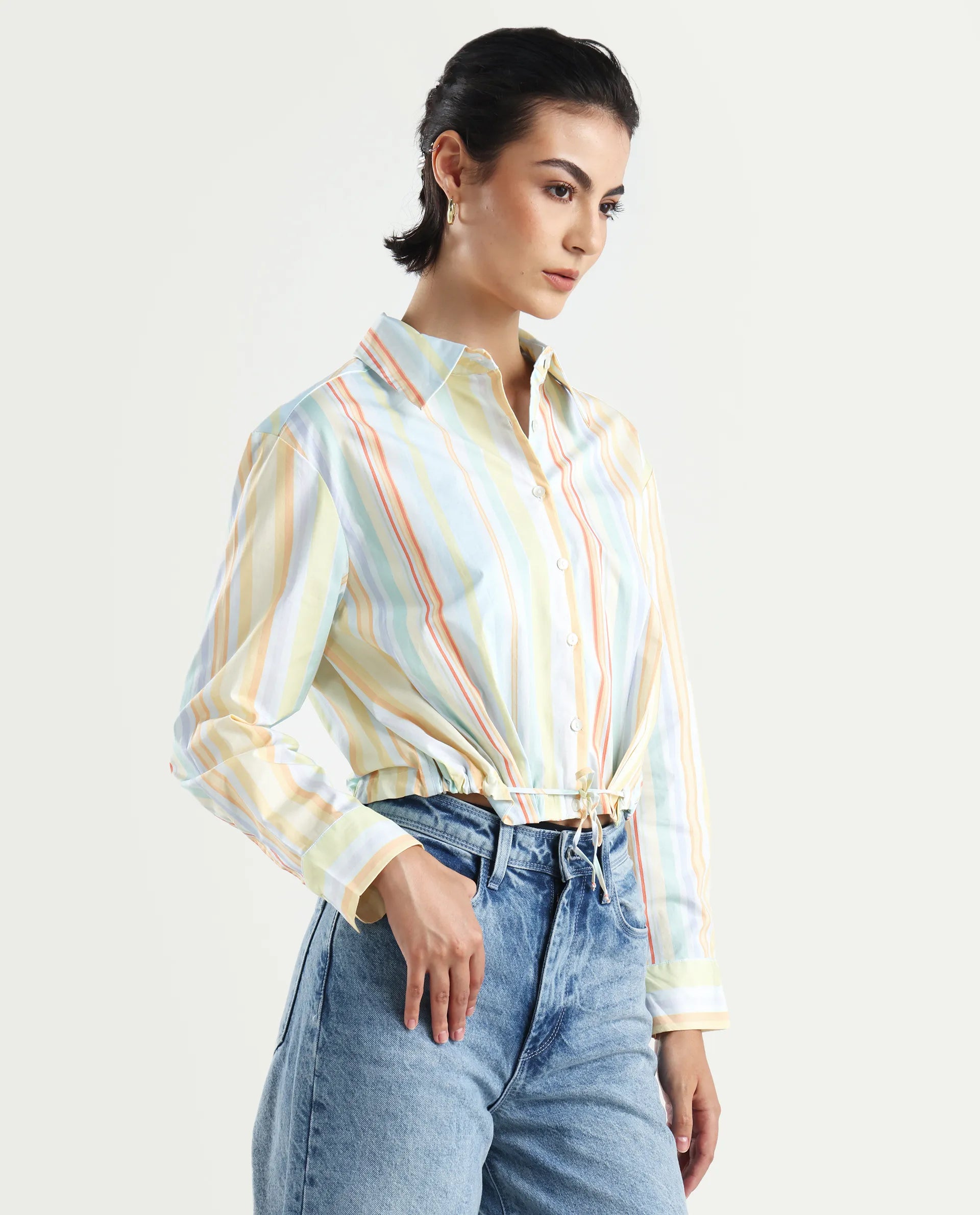 Rareism Women's Kaylae Light Multi Cotton Blend Drop Collar Striped Cuffed Sleeve Crop Regular Fit Top