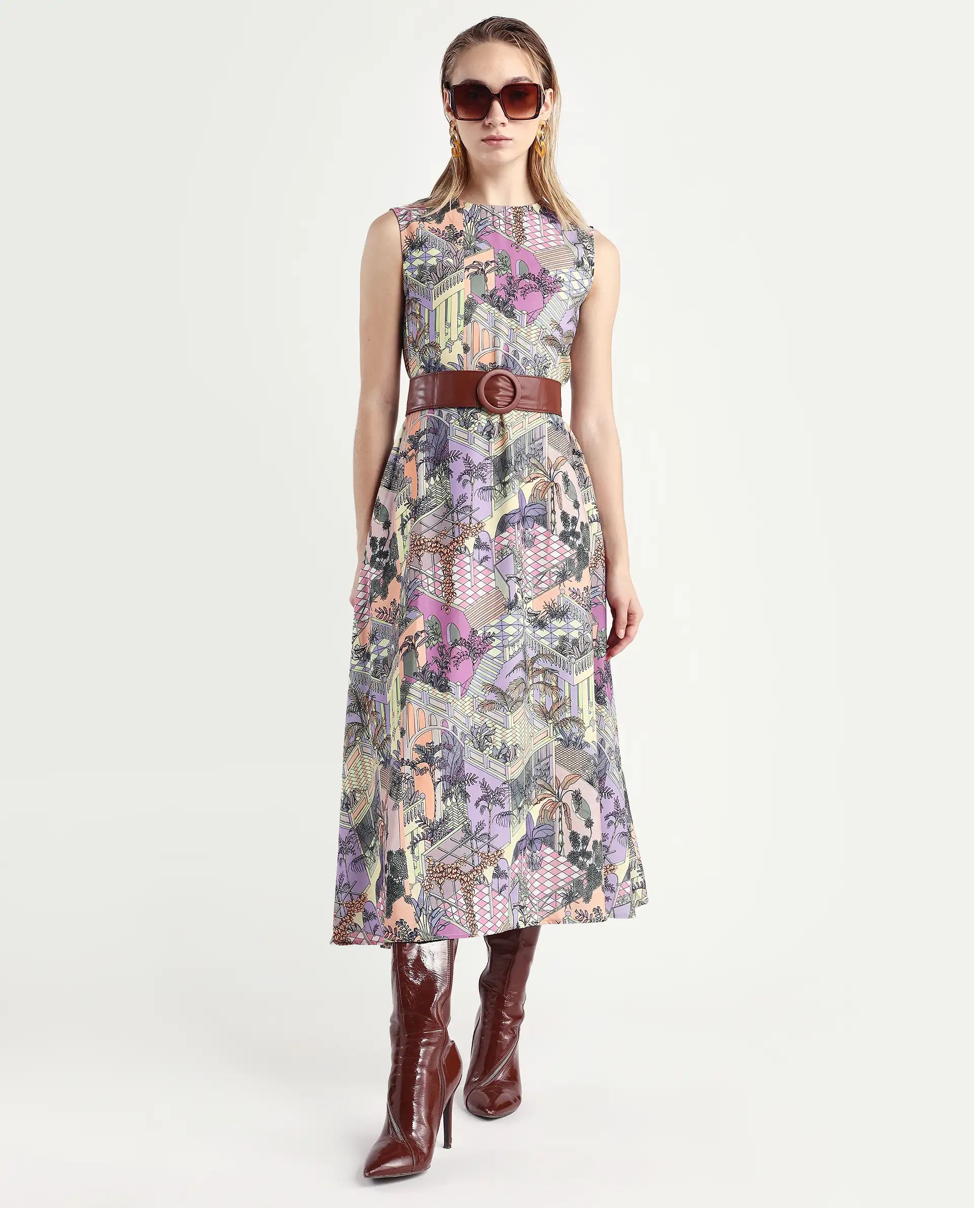 Rareism Women's Kaylee Multi Polyester Crew Neck Graphic Print Sleeveless Maxi Fit And Flare Dress