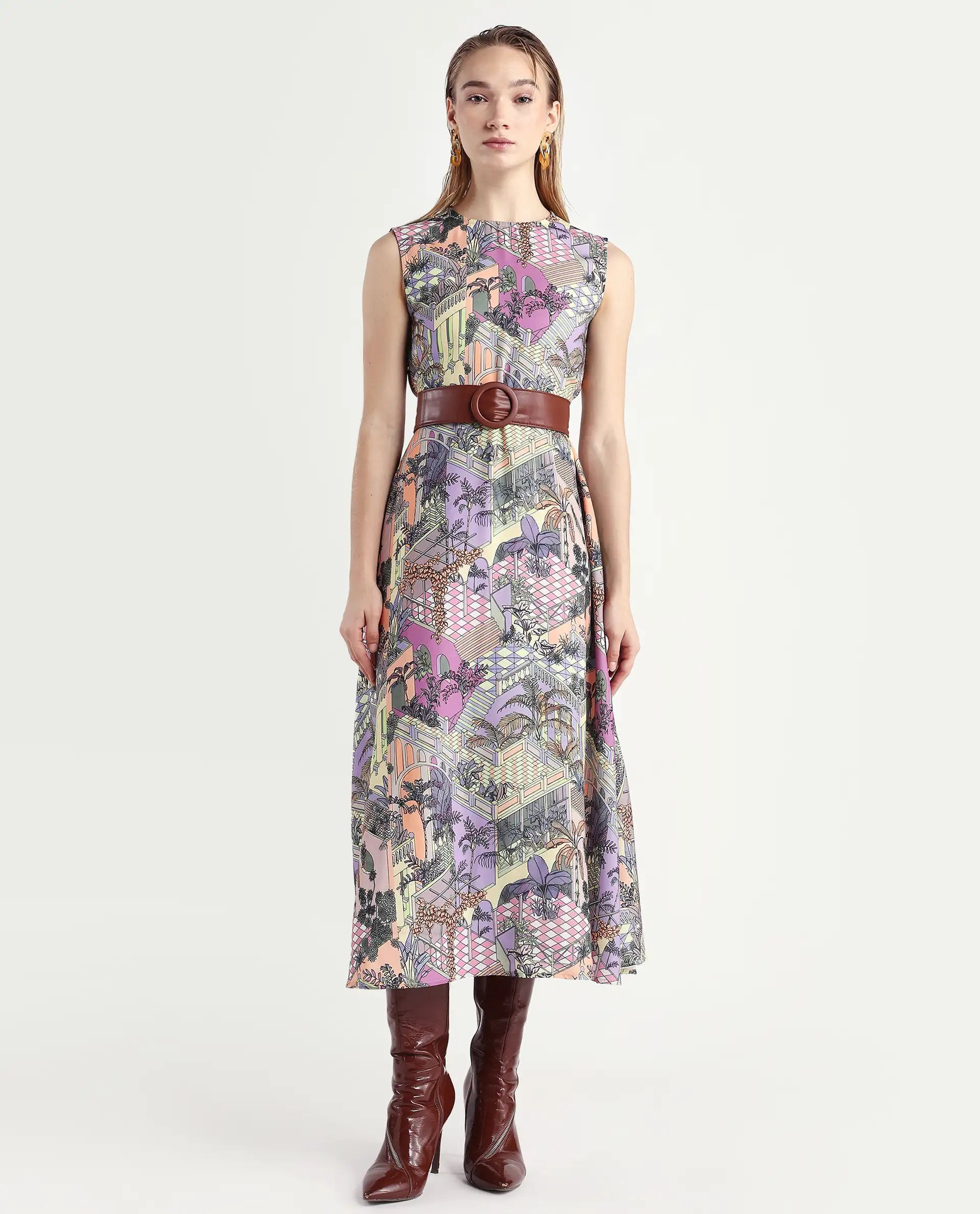 Rareism Women's Kaylee Multi Polyester Crew Neck Graphic Print Sleeveless Maxi Fit And Flare Dress