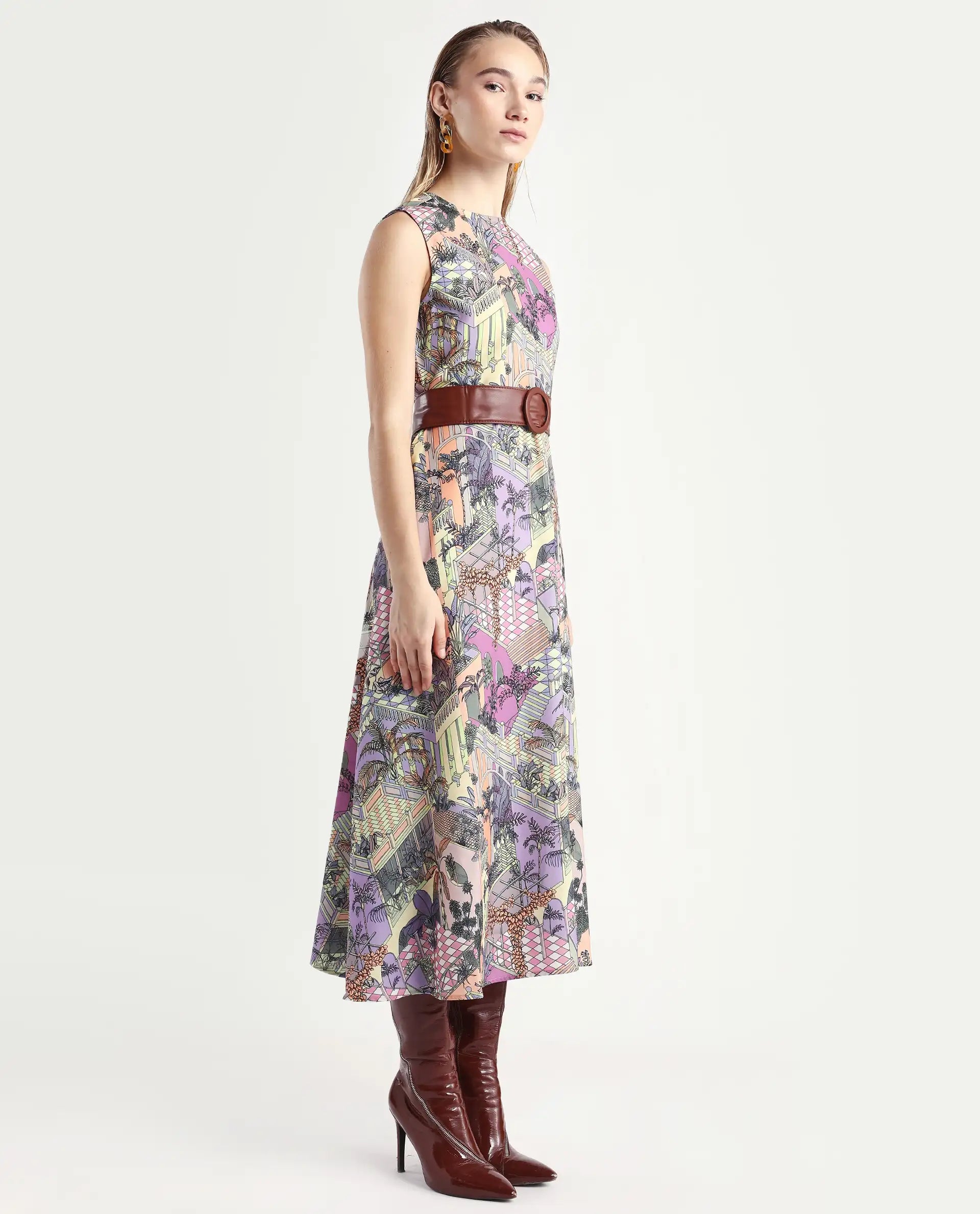 Rareism Women's Kaylee Multi Polyester Crew Neck Graphic Print Sleeveless Maxi Fit And Flare Dress