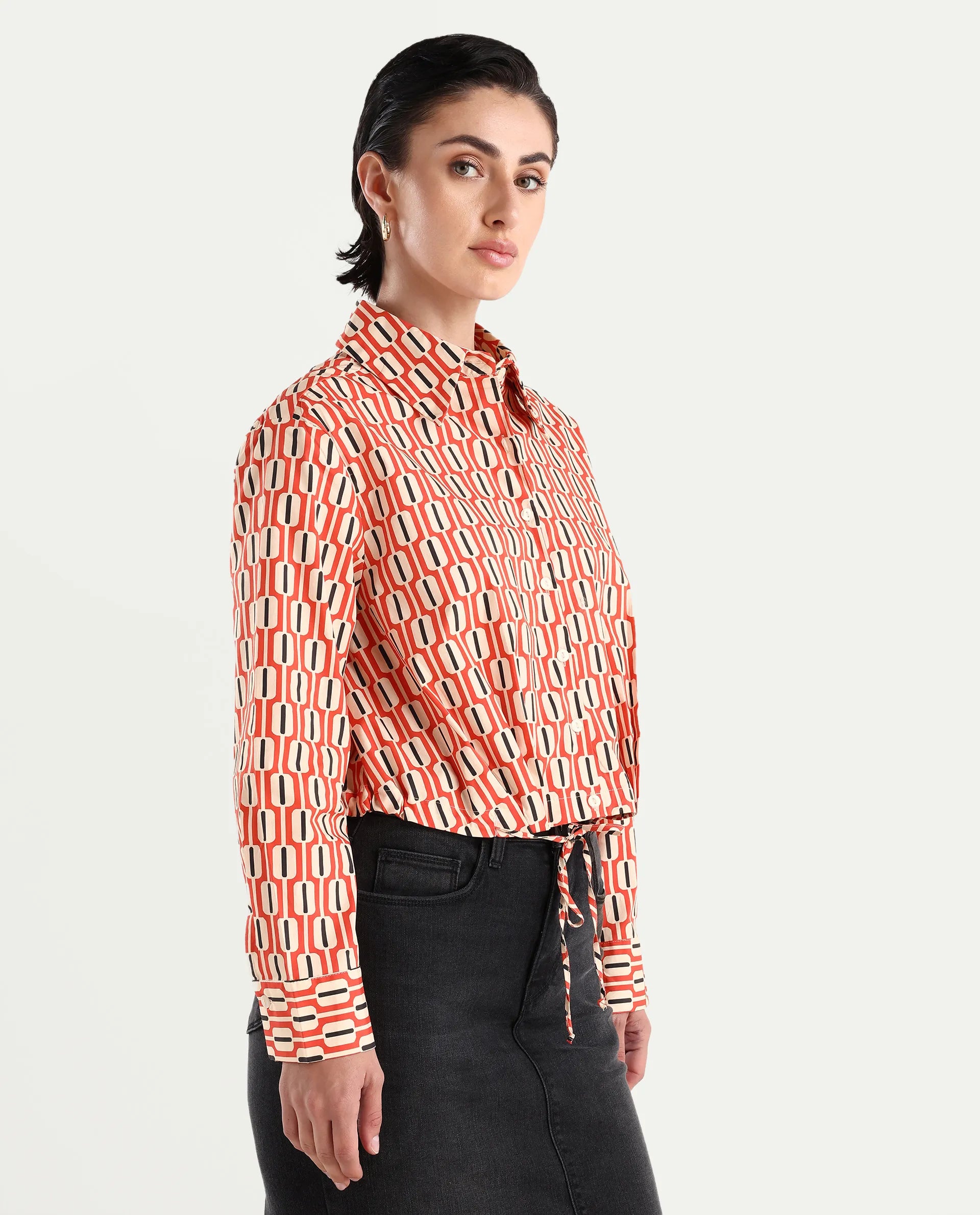 Rareism Women's Kayline Multi Cotton Blend Drop Collar Geometric Print Cuffed Sleeve Crop Regular Fit Top