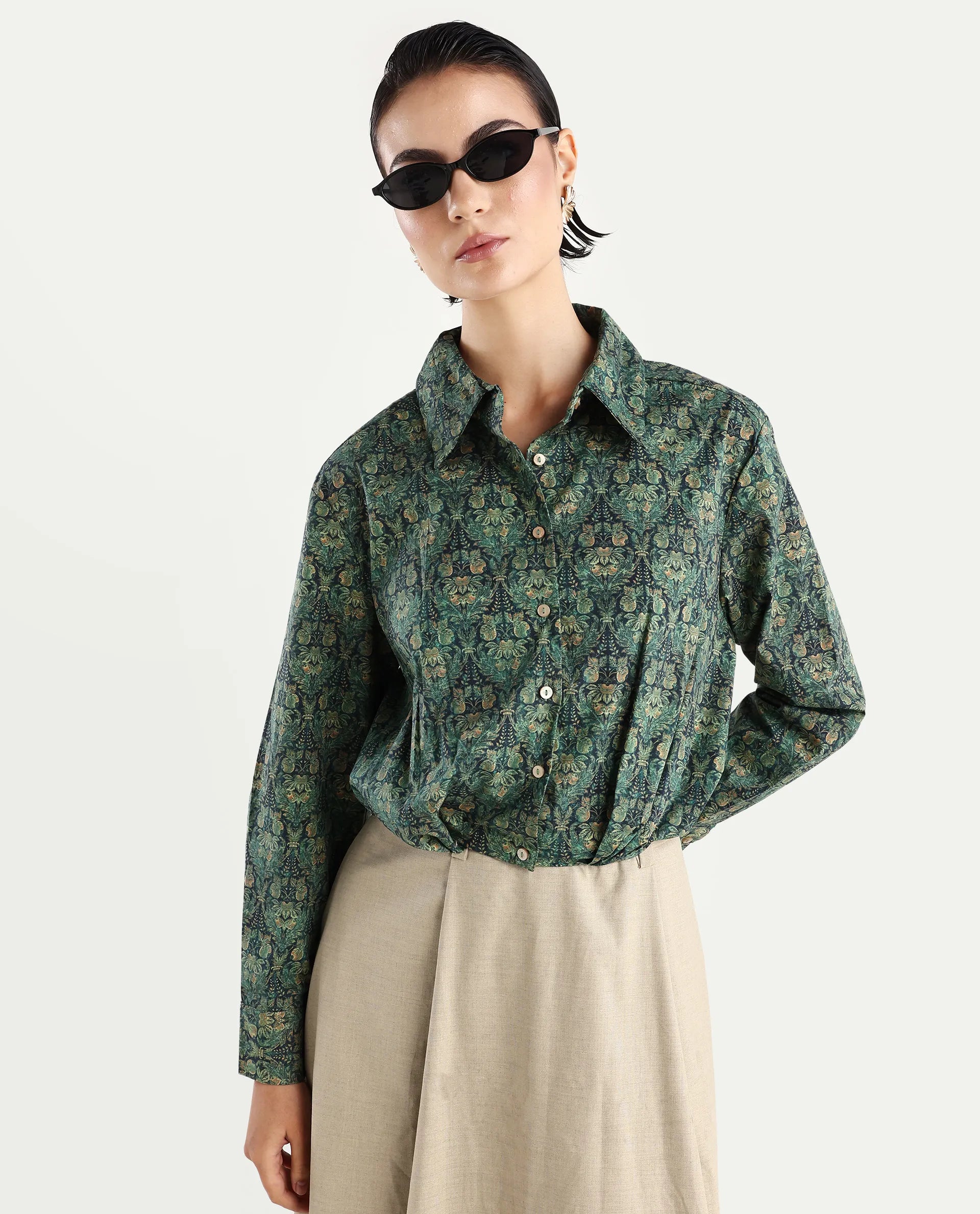 Rareism Women's Kaylu Dark Multi Cotton Blend Drop Collar Abstract Print Cuffed Sleeve Crop Regular Fit Top