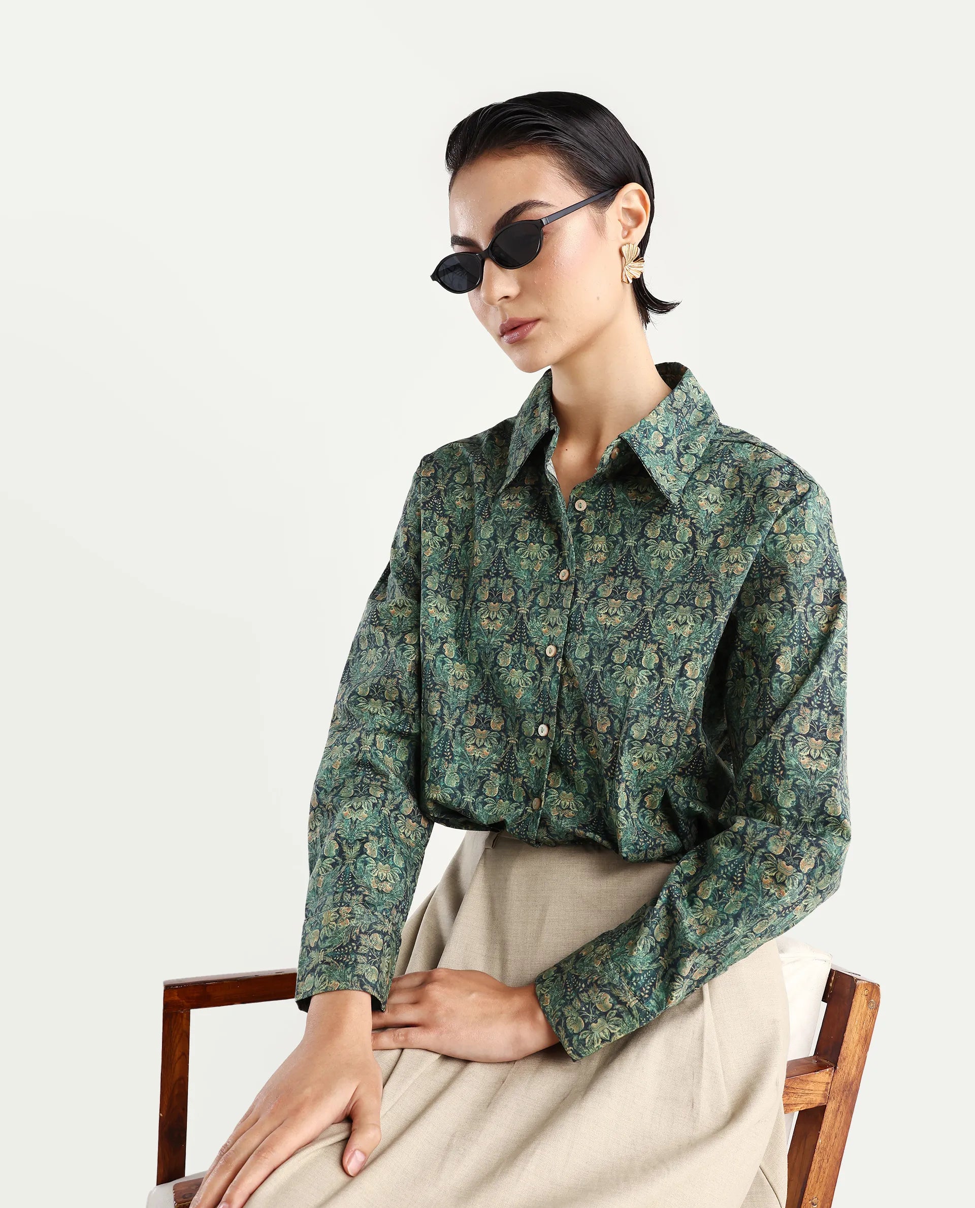 Rareism Women's Kaylu Dark Multi Cotton Blend Drop Collar Abstract Print Cuffed Sleeve Crop Regular Fit Top