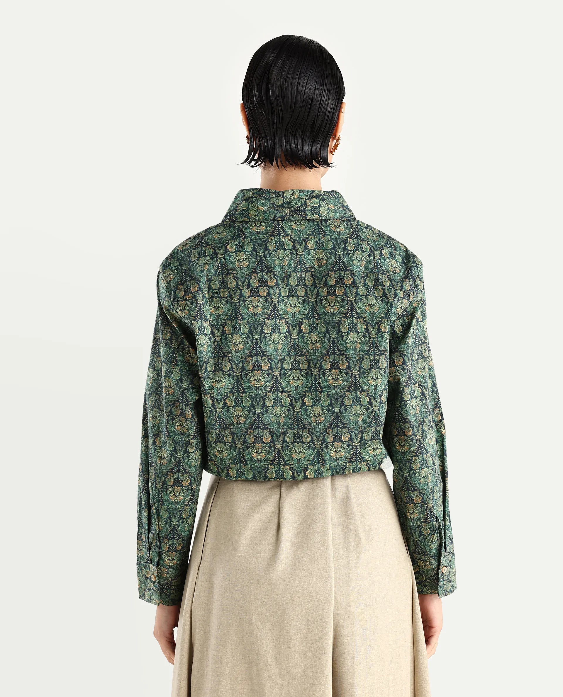 Rareism Women's Kaylu Dark Multi Cotton Blend Drop Collar Abstract Print Cuffed Sleeve Crop Regular Fit Top