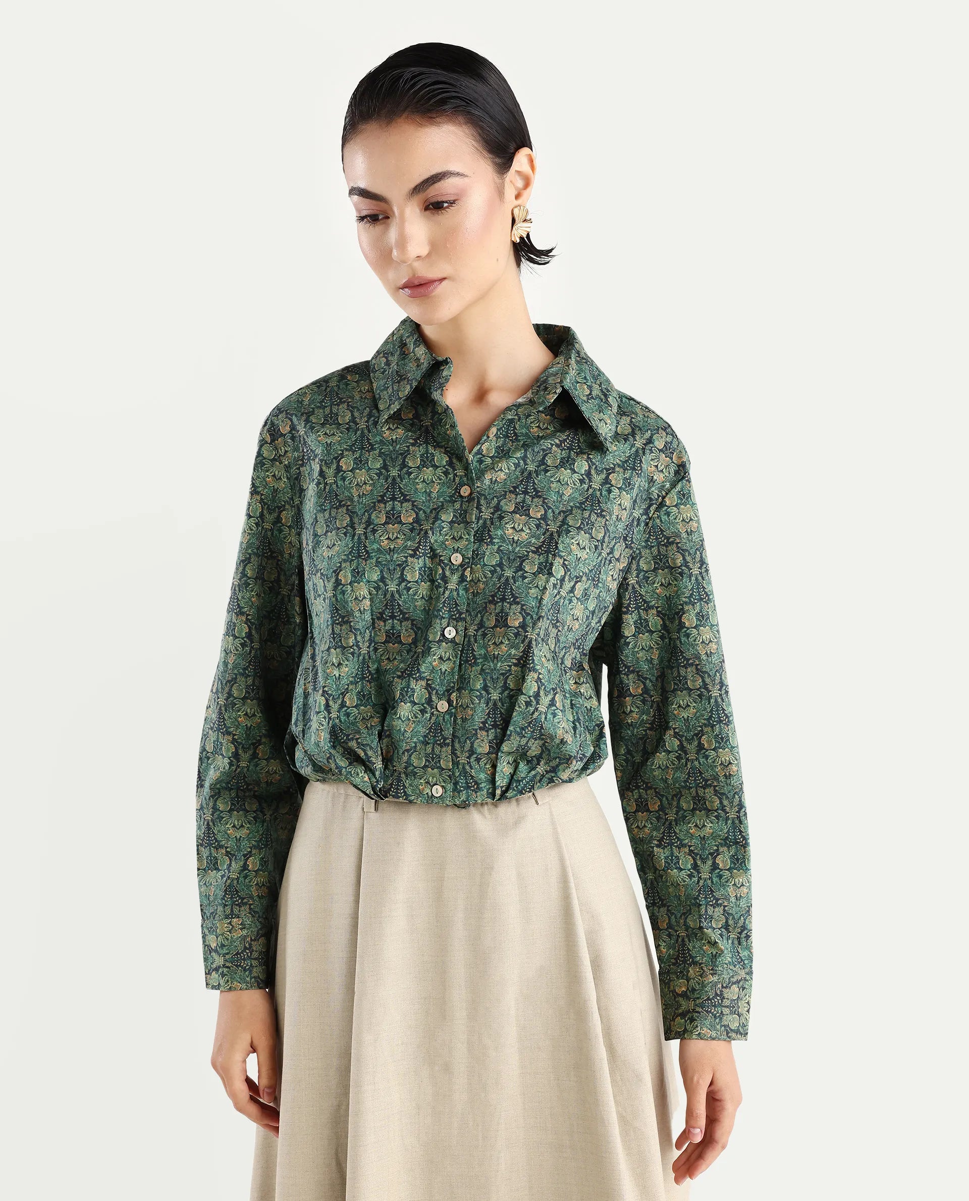 Rareism Women's Kaylu Dark Multi Cotton Blend Drop Collar Abstract Print Cuffed Sleeve Crop Regular Fit Top