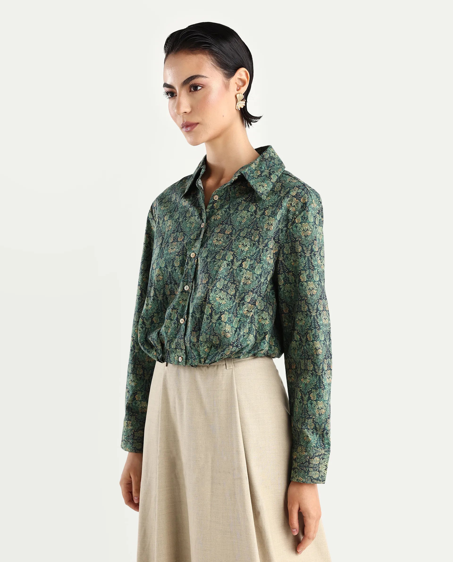 Rareism Women's Kaylu Dark Multi Cotton Blend Drop Collar Abstract Print Cuffed Sleeve Crop Regular Fit Top