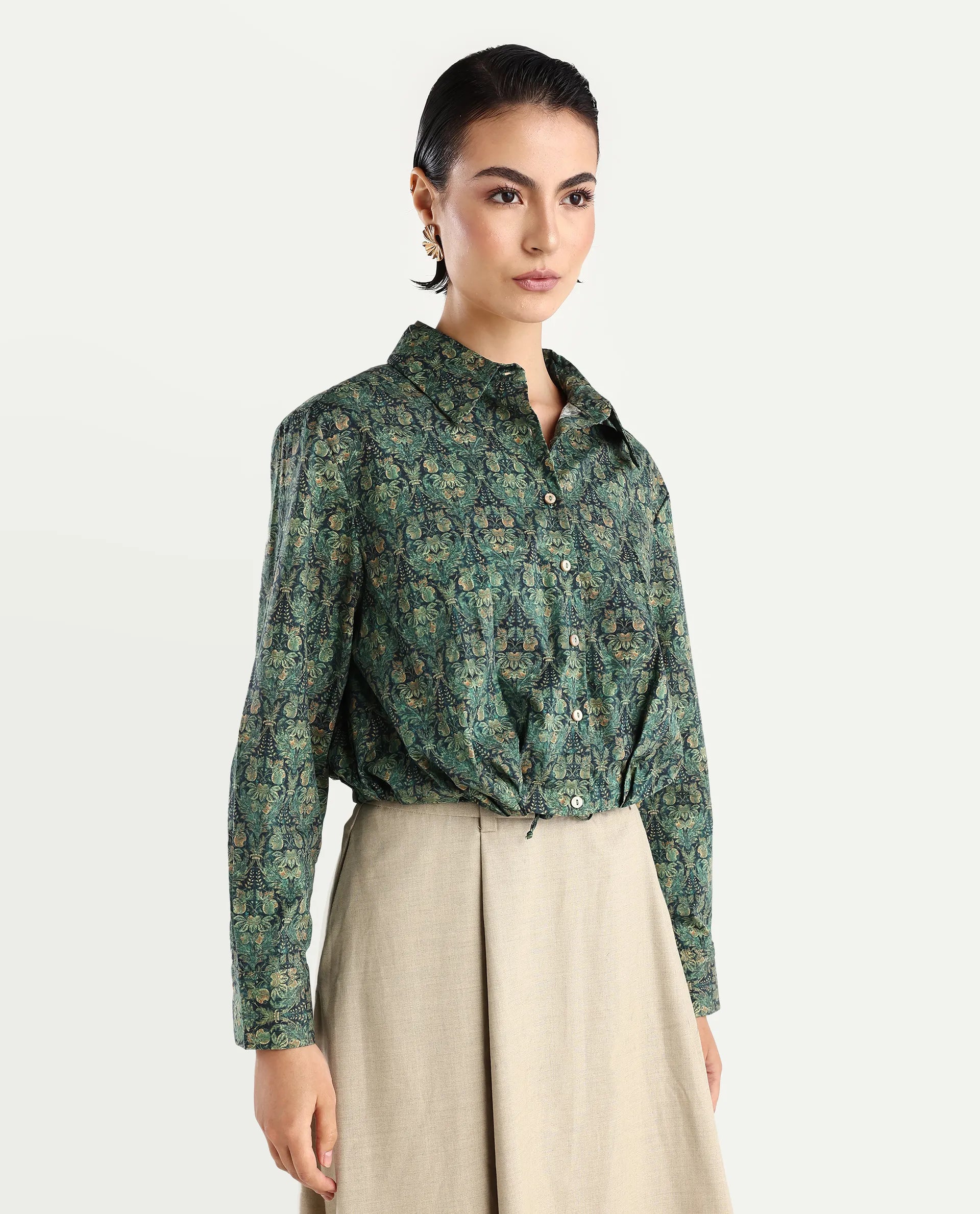 Rareism Women's Kaylu Dark Multi Cotton Blend Drop Collar Abstract Print Cuffed Sleeve Crop Regular Fit Top