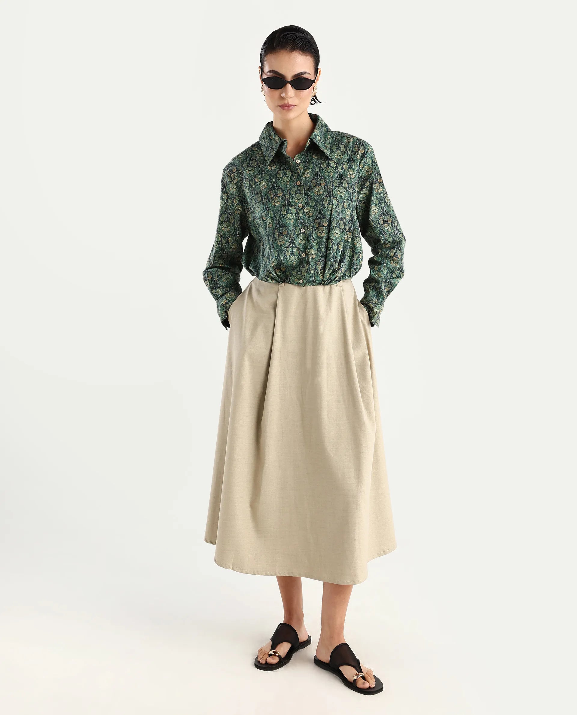 Rareism Women's Kaylu Dark Multi Cotton Blend Drop Collar Abstract Print Cuffed Sleeve Crop Regular Fit Top