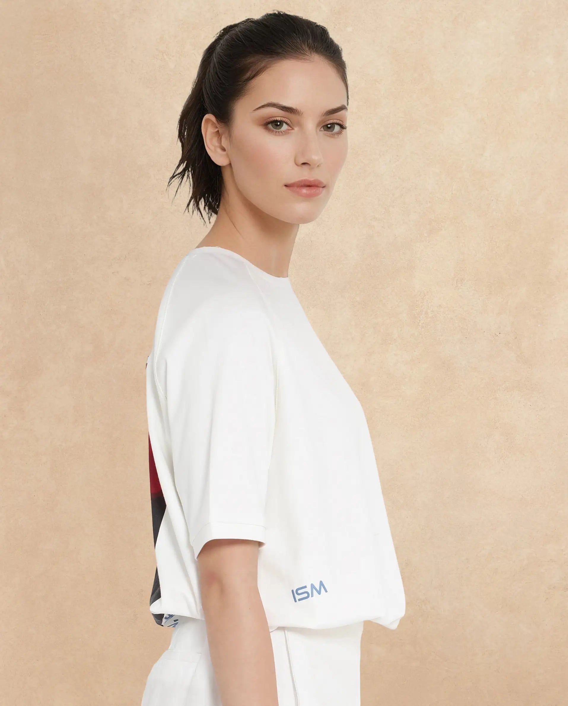 Rareism Women Kay Off White Cotton Lycra Fabric Short Sleeve Crew Neck Graphic Print T-Shirt