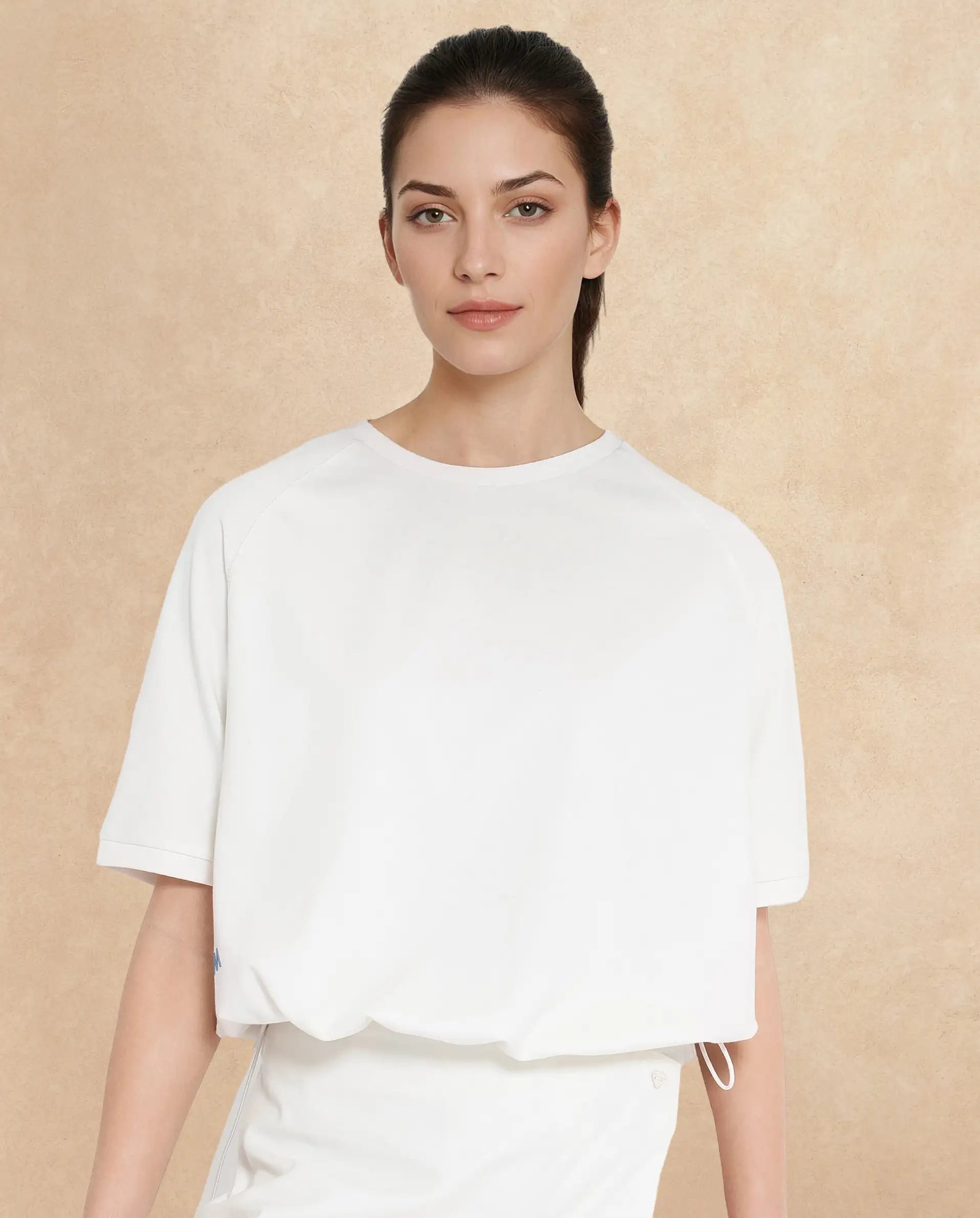 Rareism Women Kay Off White Cotton Lycra Fabric Short Sleeve Crew Neck Graphic Print T-Shirt