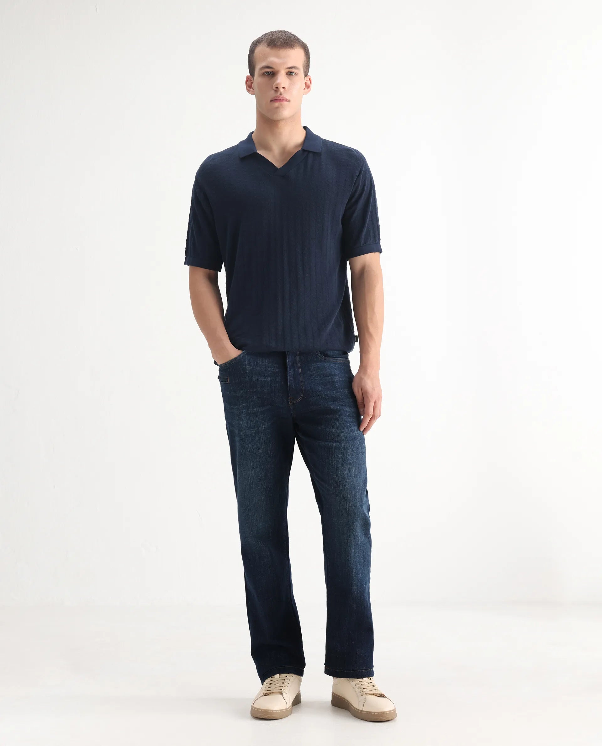 Rare Rabbit Men's Kazi Dark Blue Cotton Plain Morris Regular Fit Jeans