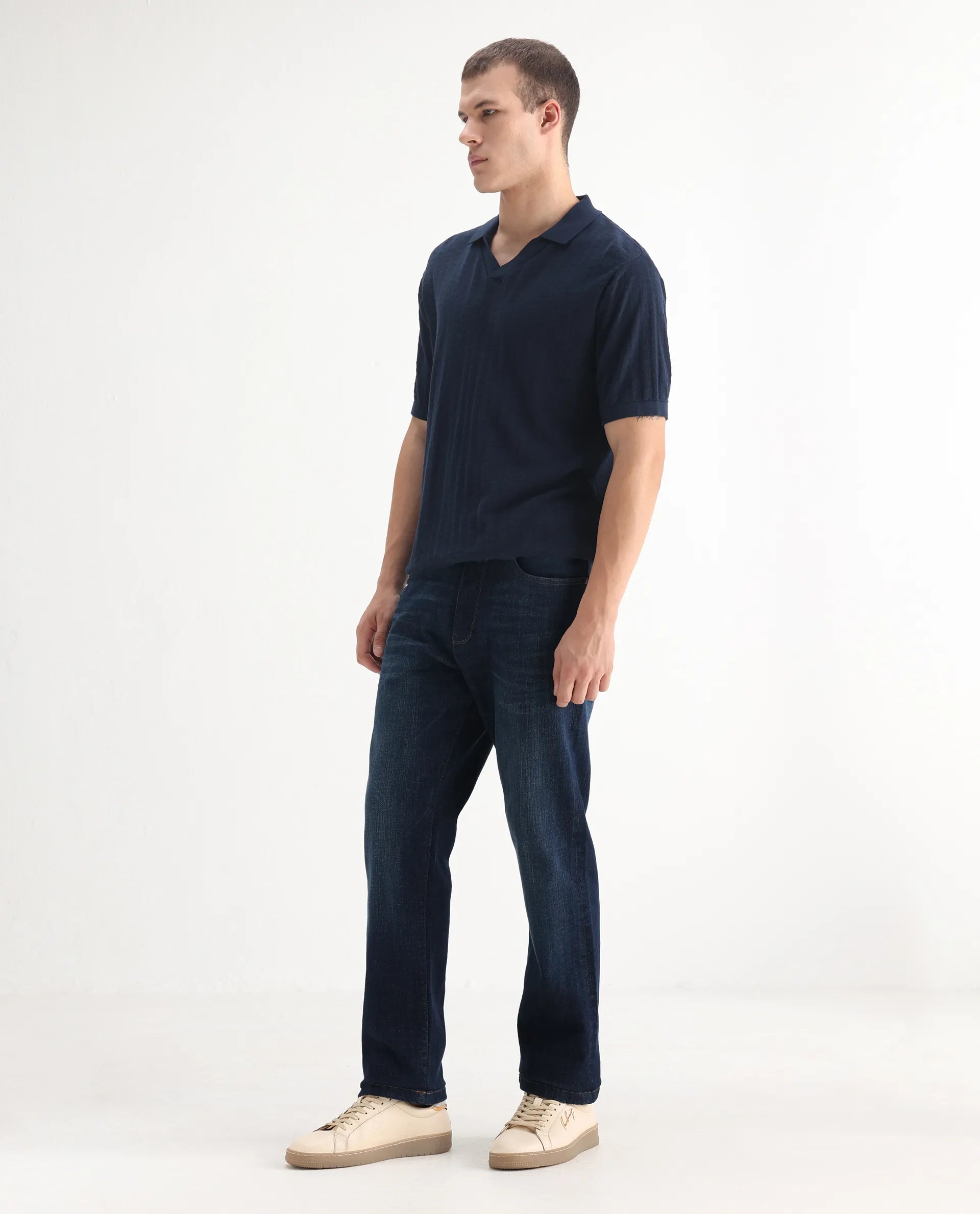 Rare Rabbit Men's Kazi Dark Blue Cotton Plain Morris Regular Fit Jeans