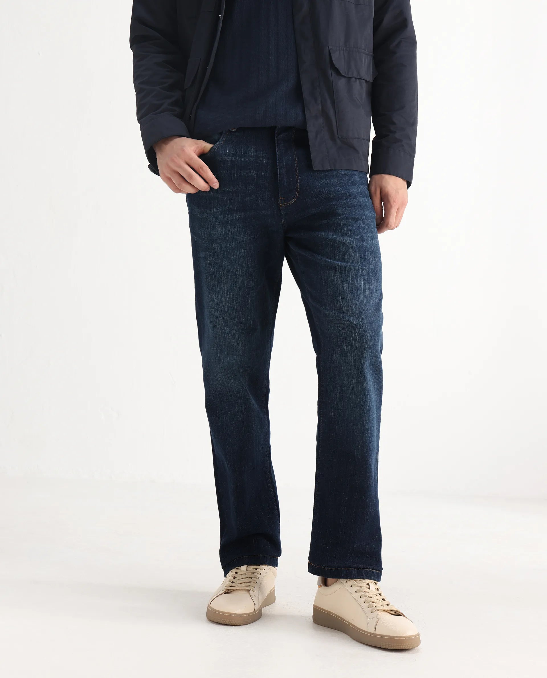 Rare Rabbit Men's Kazi Dark Blue Cotton Plain Morris Regular Fit Jeans