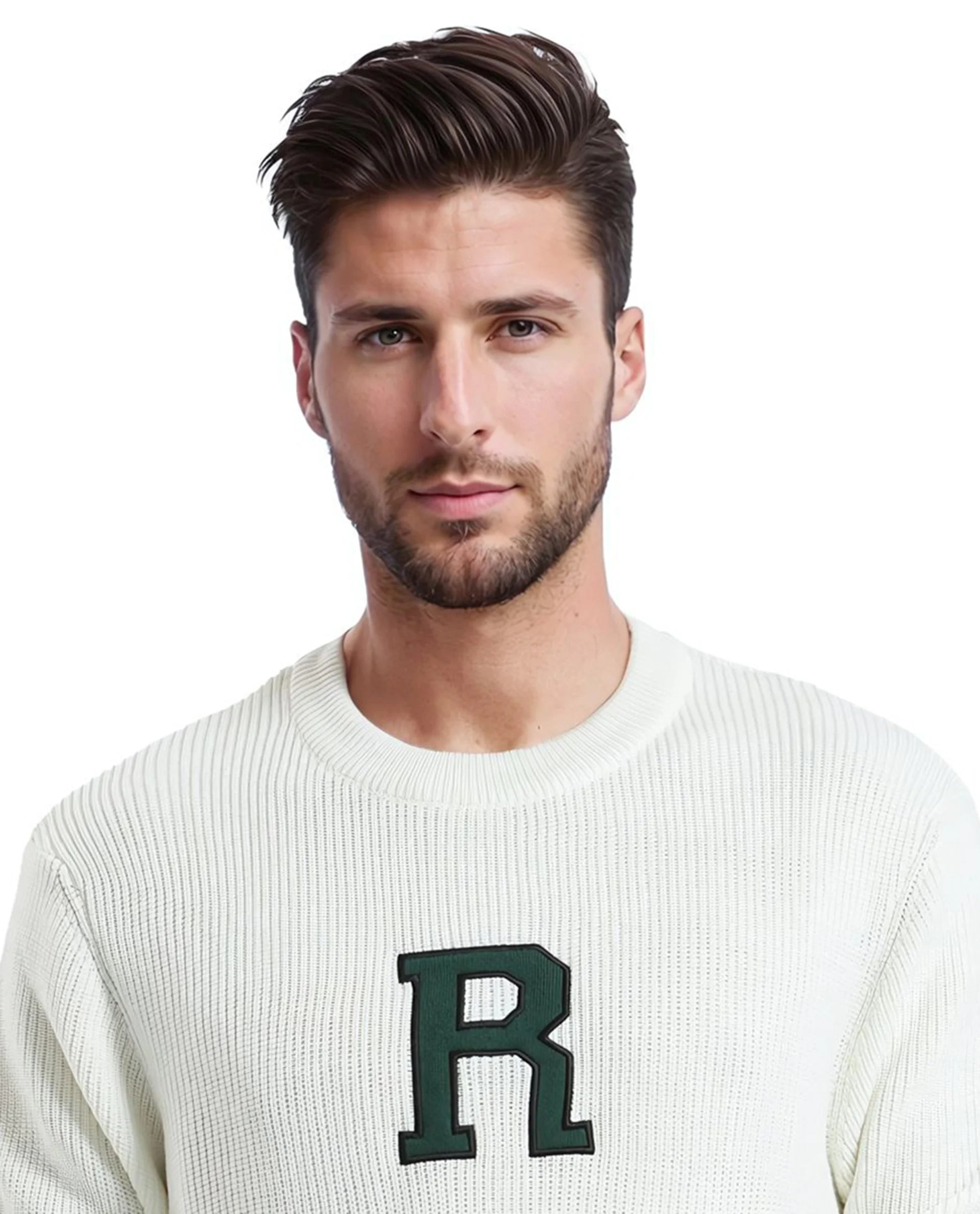 Rare Rabbit Men's Kazu Off White Cotton Fabric Full Sleeve Crew Neck Regular Fit Applique Logo Sweater