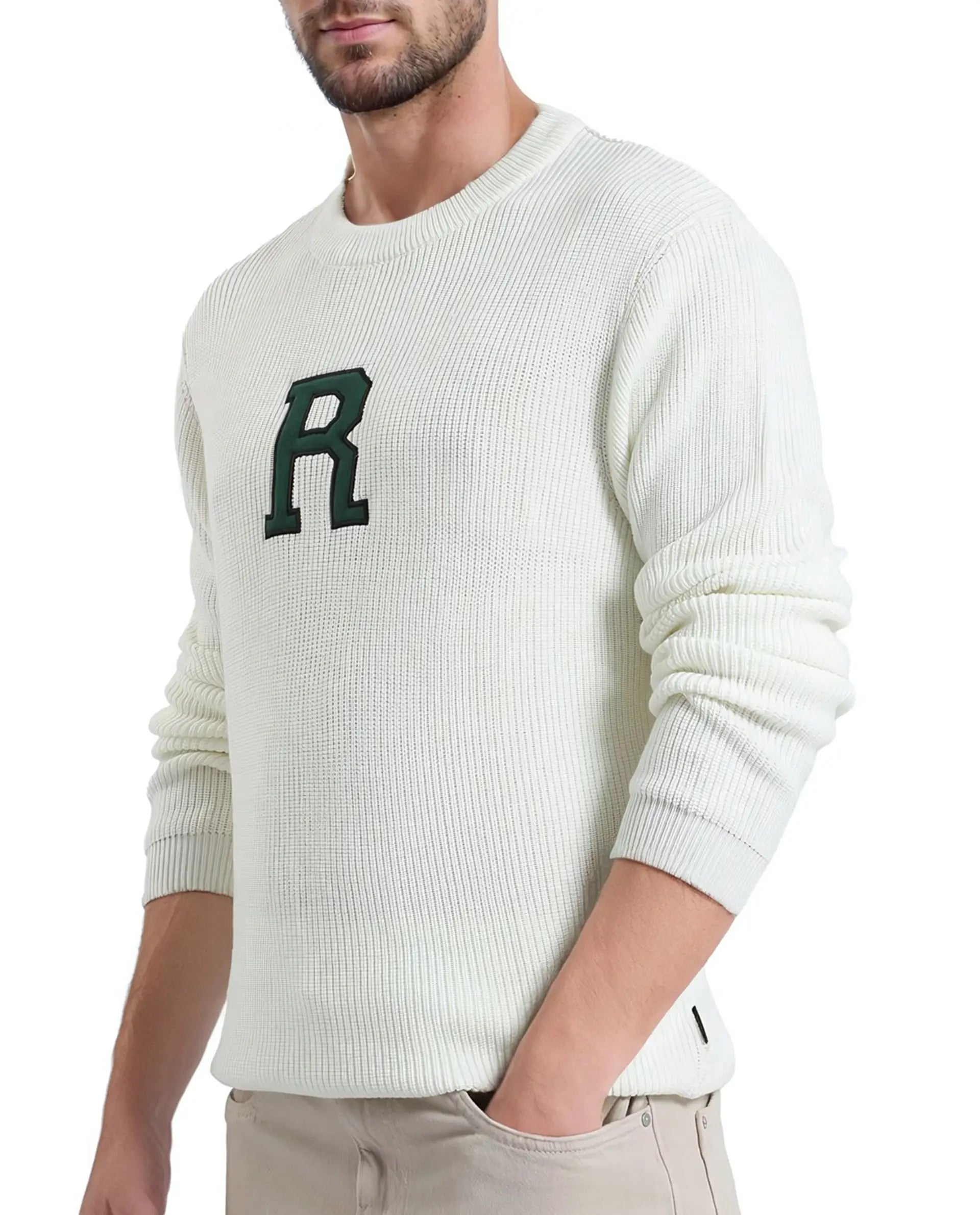 Rare Rabbit Men's Kazu Off White Cotton Fabric Full Sleeve Crew Neck Regular Fit Applique Logo Sweater