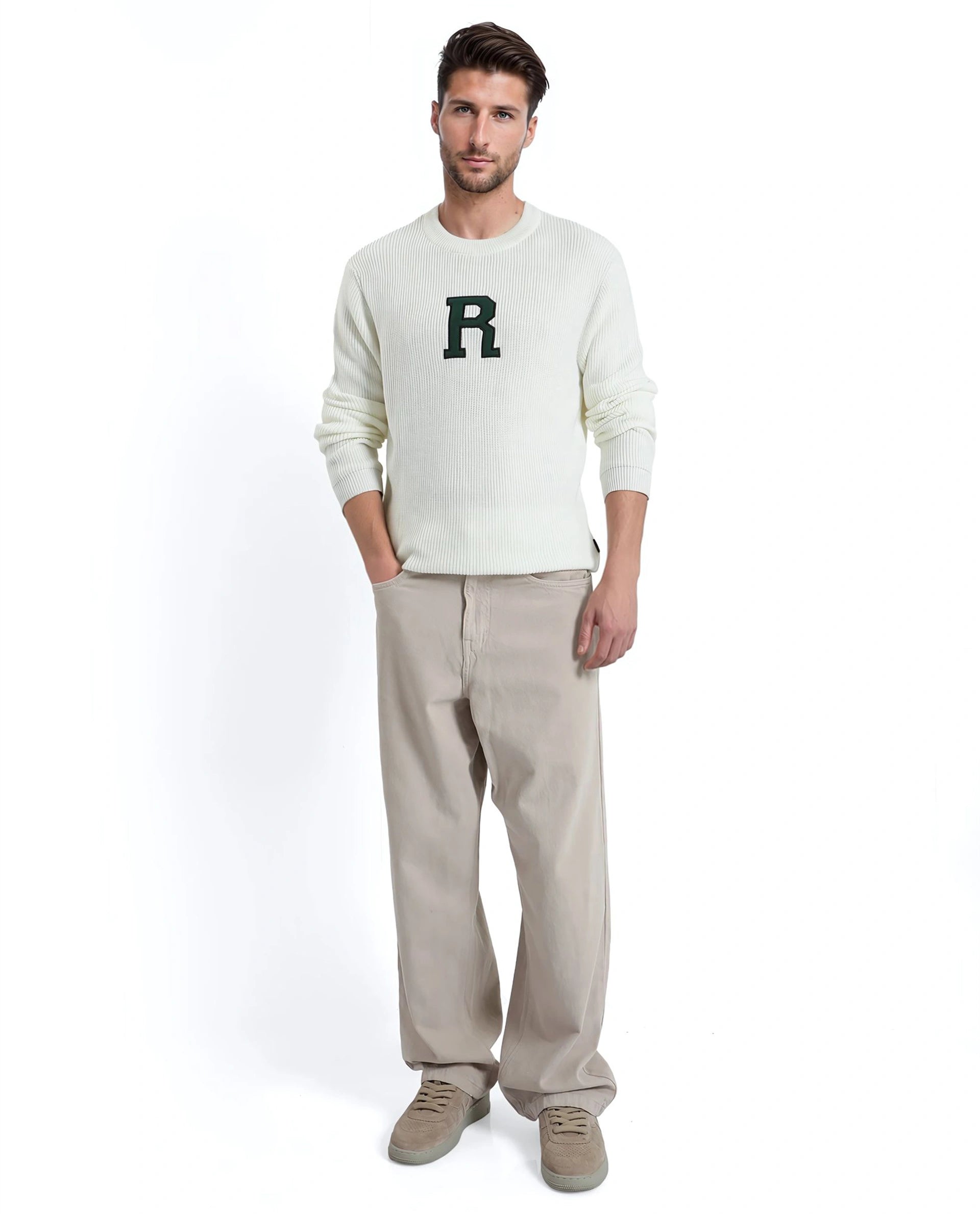 Rare Rabbit Men's Kazu Off White Cotton Fabric Full Sleeve Crew Neck Regular Fit Applique Logo Sweater