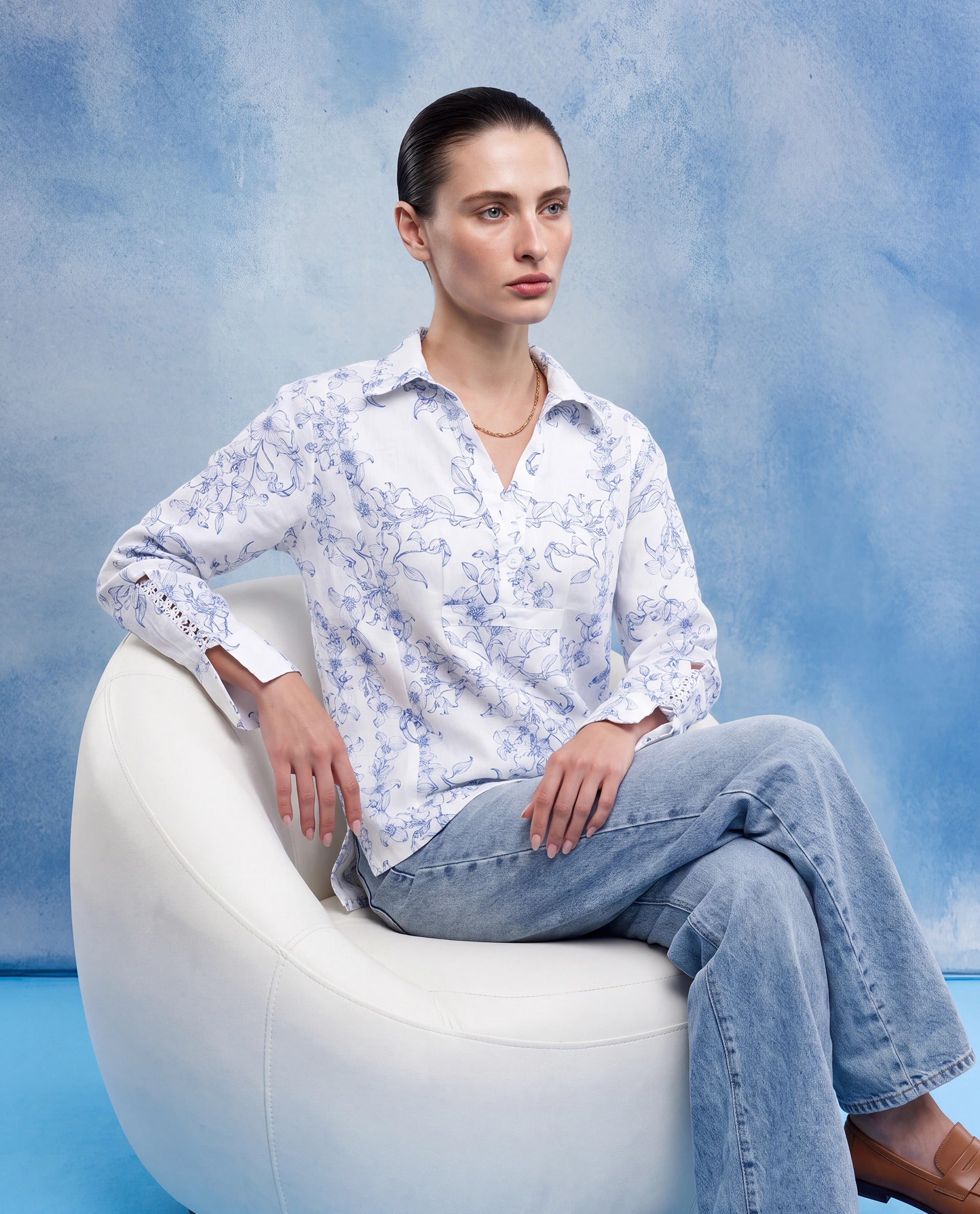 Rareism Women's Kazz Off White Linen Spread Collar Regular Fit Floral Print Top