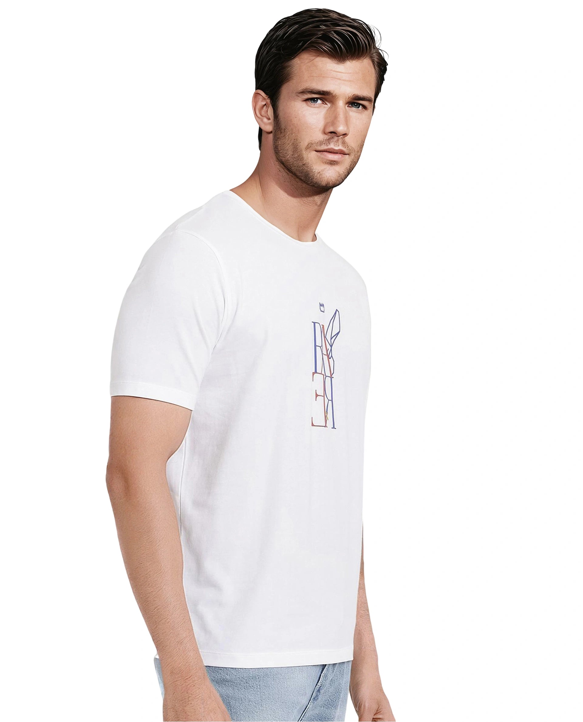 Rare Rabbit Men Keat White Short Sleeves Crew Neck Regular Fit Hd Graphic Print T-Shirt