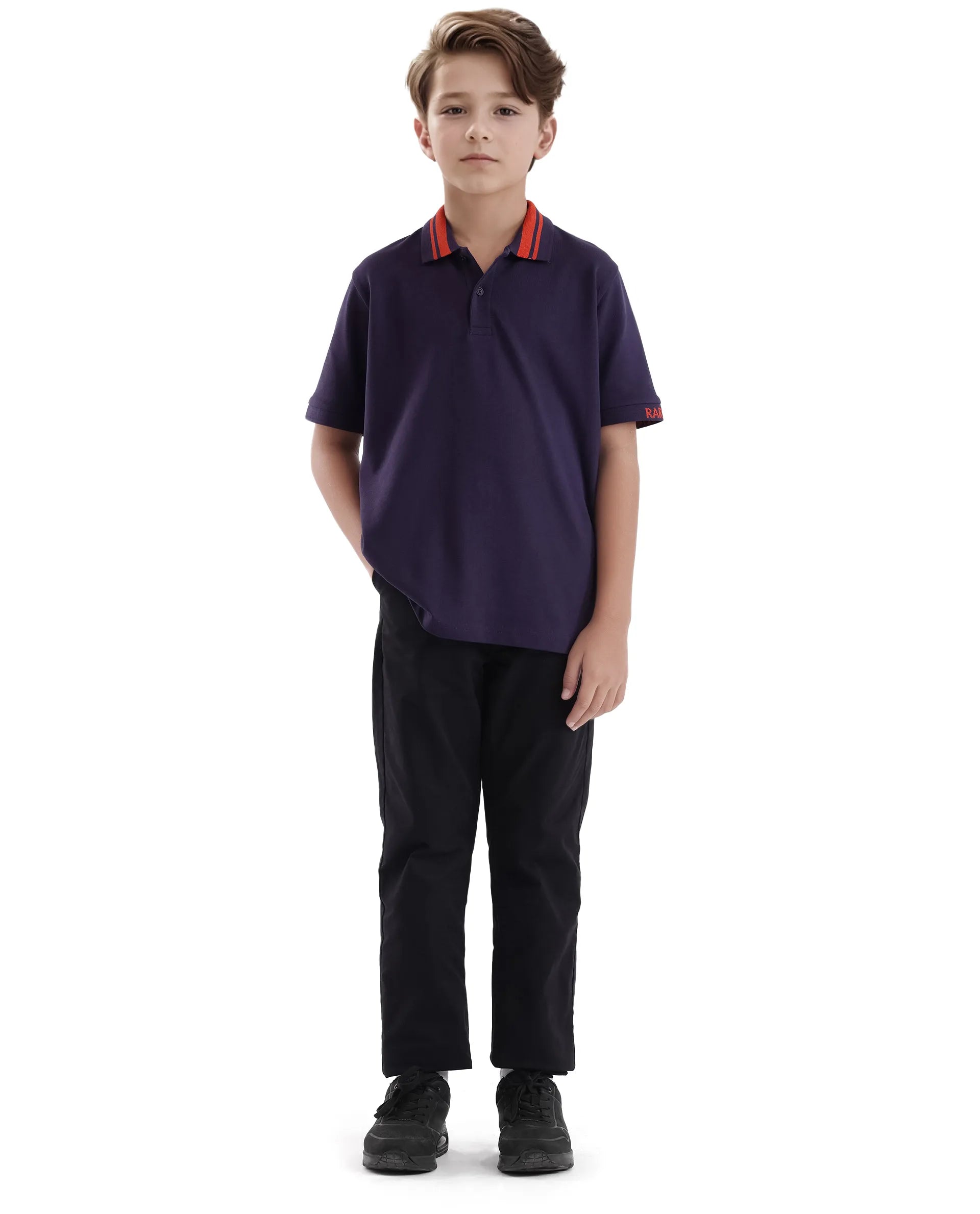 Rare Ones Kids Keef Dark Purple Cotton Fabric Short Sleeve Contrasting Collar Solid Polo