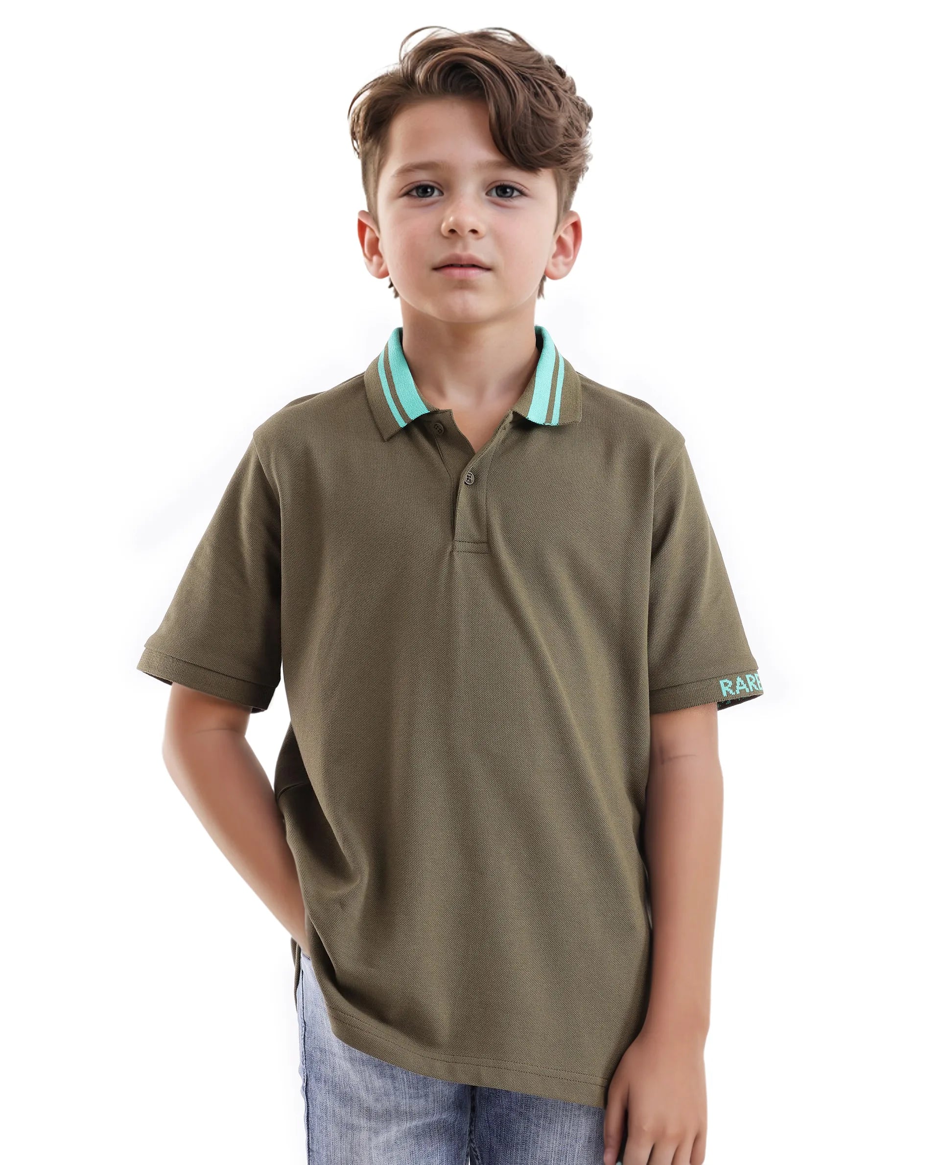 Rare Ones Kids Keef Olive Cotton Fabric Short Sleeve Contrasting Collar Solid Polo
