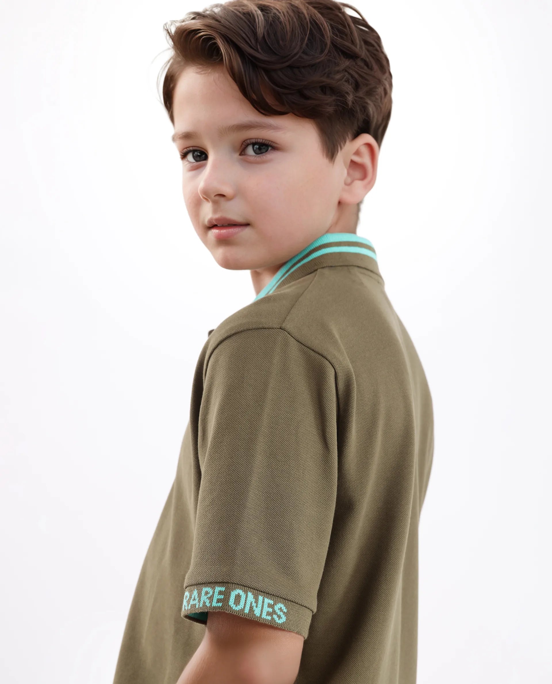 Rare Ones Kids Keef Olive Cotton Fabric Short Sleeve Contrasting Collar Solid Polo