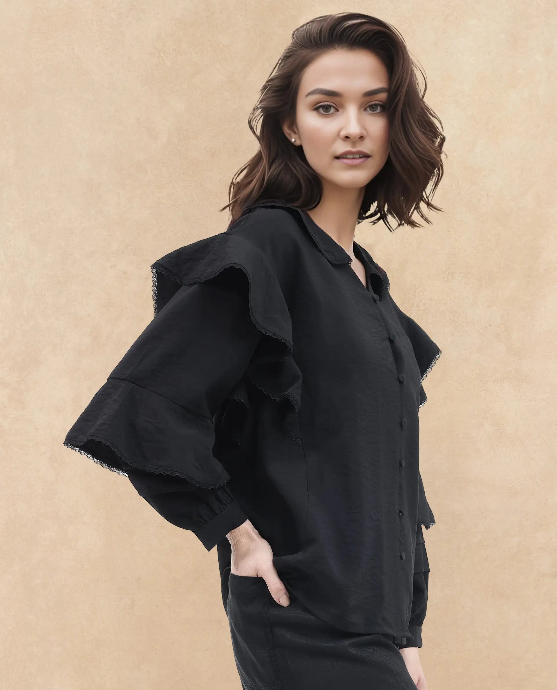 Rareism Women's Kei-T Black Nylon Blend Peter Pan Collar Plain Bishop Sleeve Relaxed Fit Top