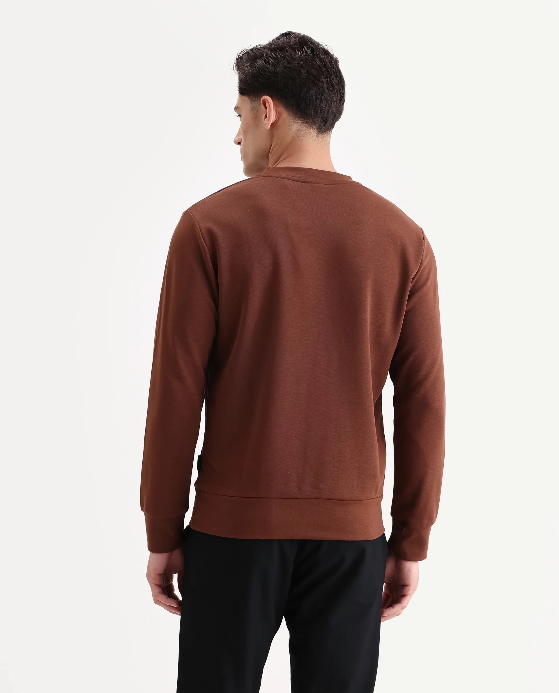 Rare Rabbit Men's Kel Dark Brown Cotton Blend Graphic Print Regular Fit Full Sleeve Crew Neck Sweatshirt