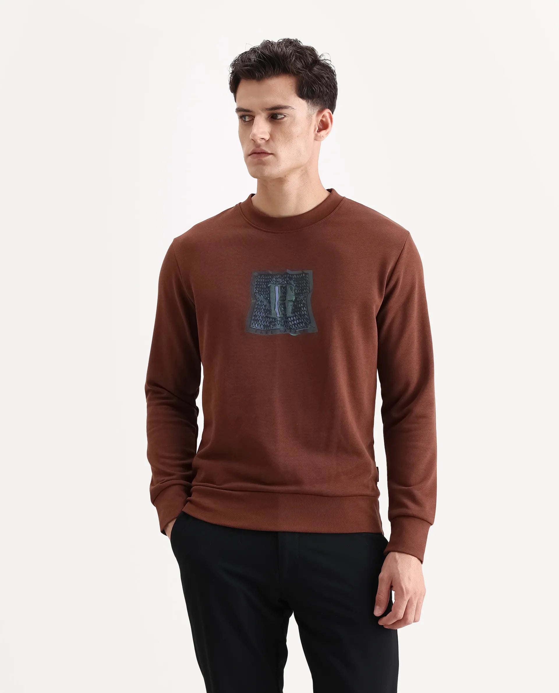 Rare Rabbit Men's Kel Dark Brown Cotton Blend Graphic Print Regular Fit Full Sleeve Crew Neck Sweatshirt