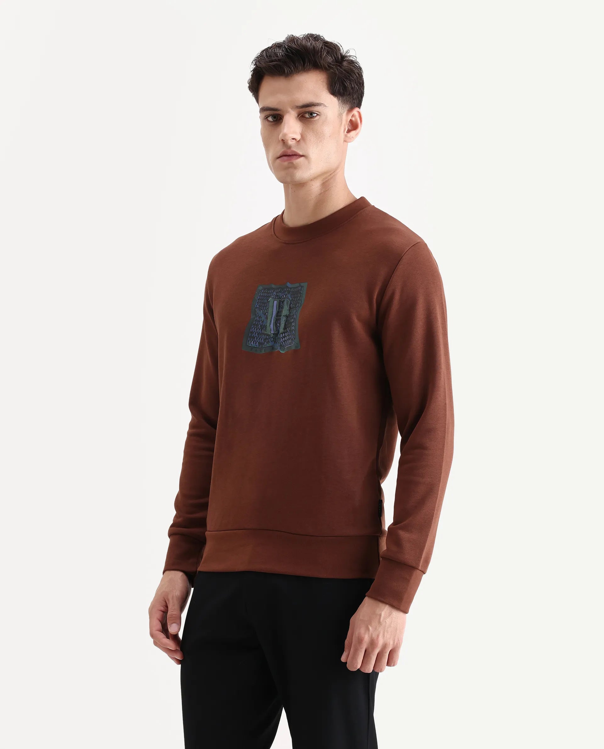 Rare Rabbit Men's Kel Dark Brown Cotton Blend Graphic Print Regular Fit Full Sleeve Crew Neck Sweatshirt