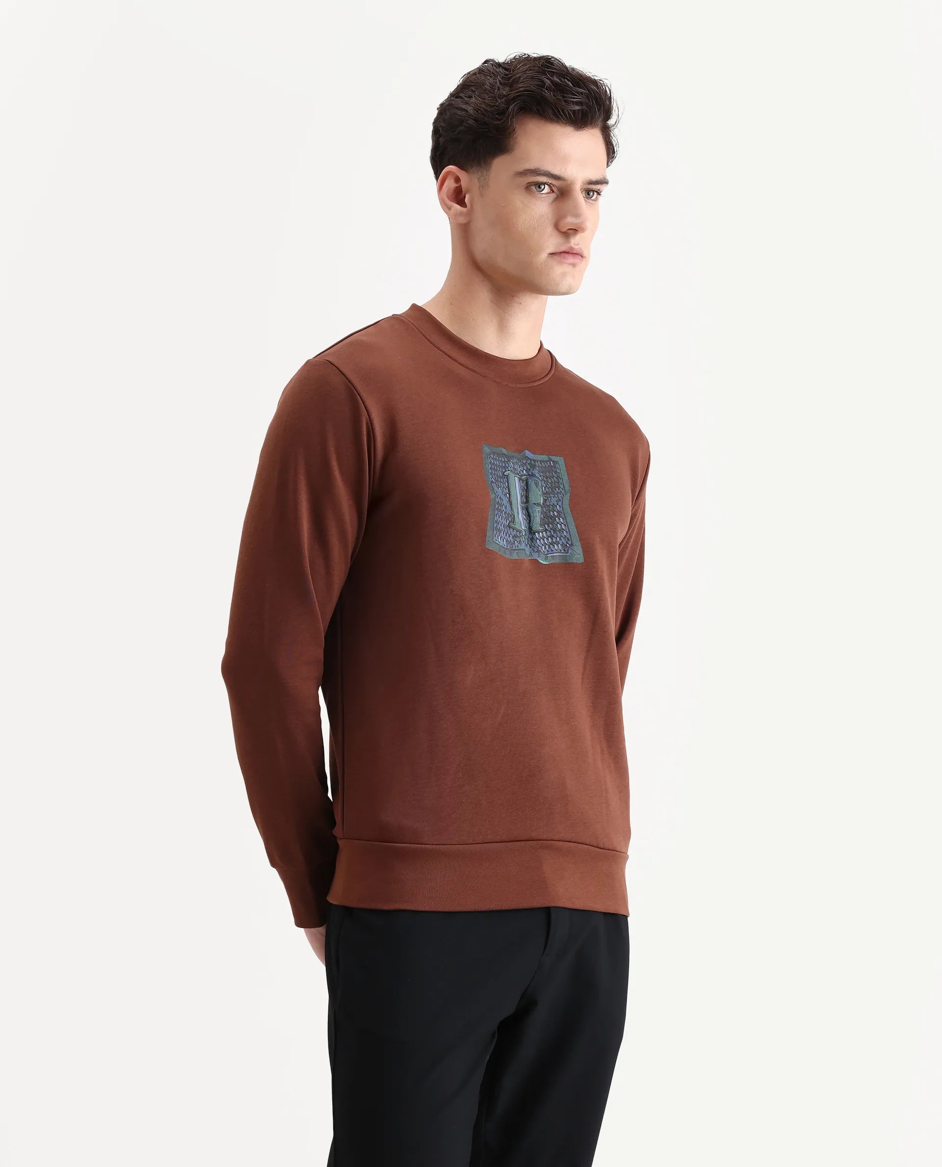 Rare Rabbit Men's Kel Dark Brown Cotton Blend Graphic Print Regular Fit Full Sleeve Crew Neck Sweatshirt