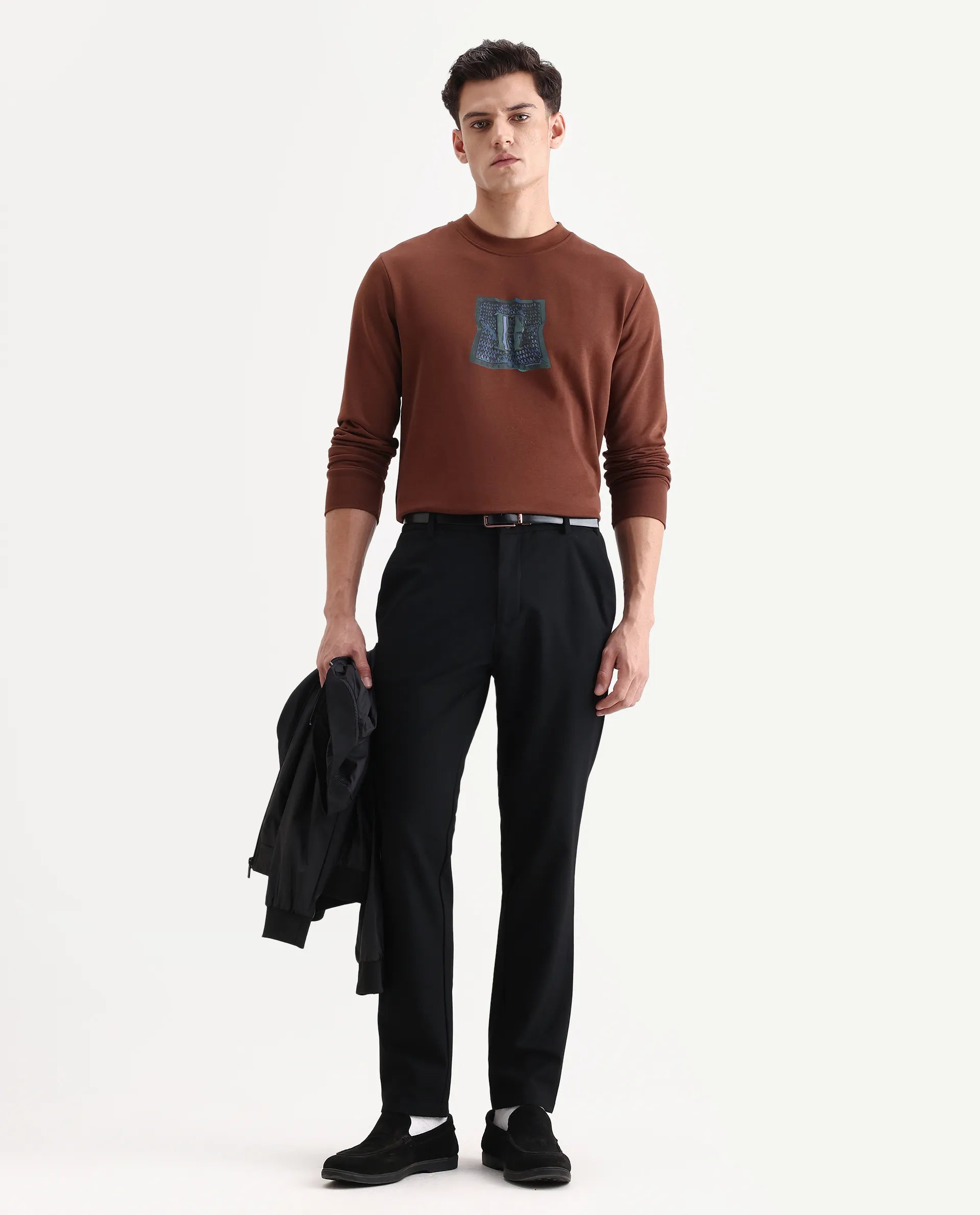 Rare Rabbit Men's Kel Dark Brown Cotton Blend Graphic Print Regular Fit Full Sleeve Crew Neck Sweatshirt