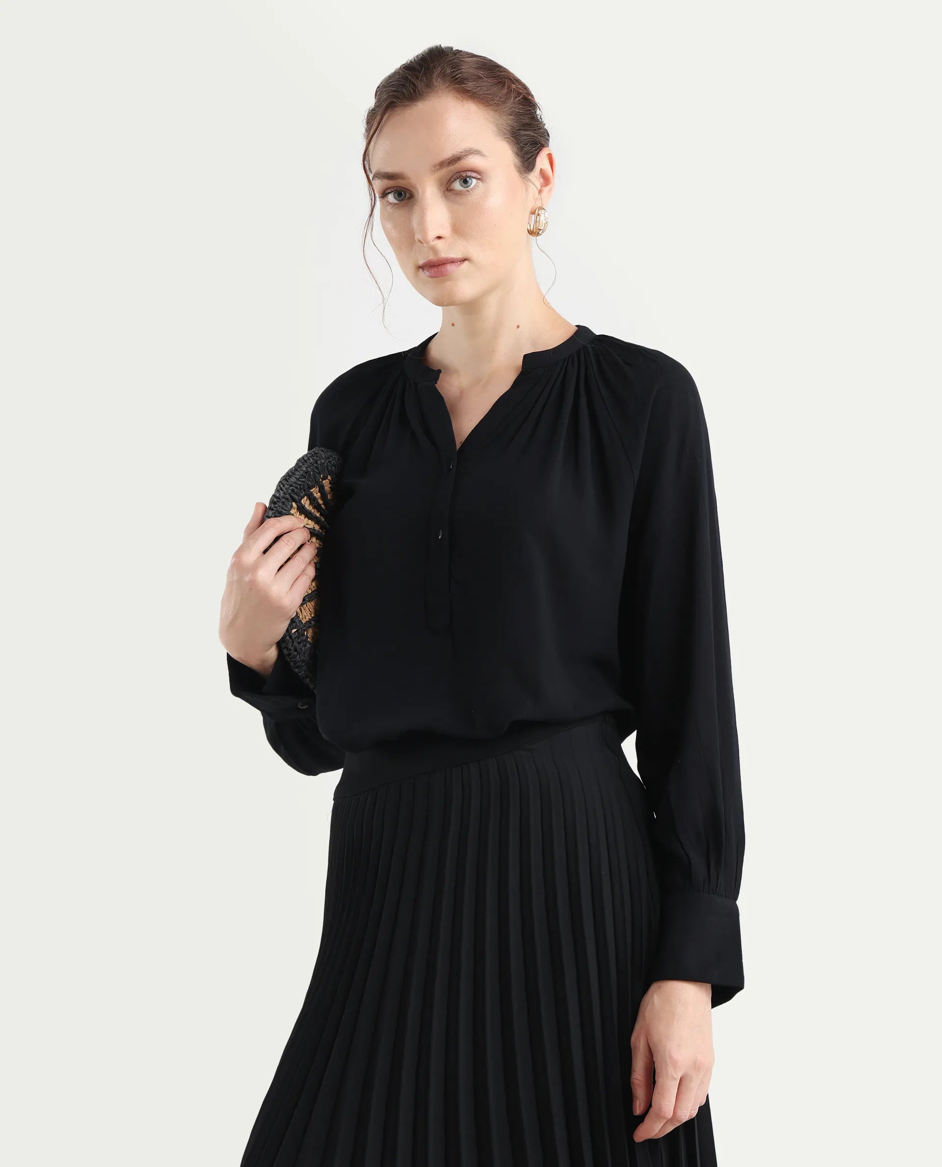 Rareism Women's Kella Black Mandarin Collar Plain Raglan Sleeve Regular Fit Top