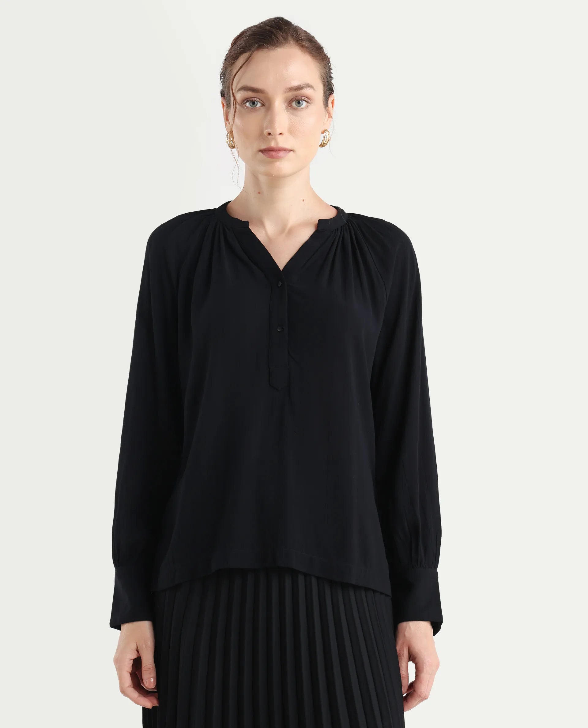 Rareism Women's Kella Black Mandarin Collar Plain Raglan Sleeve Regular Fit Top