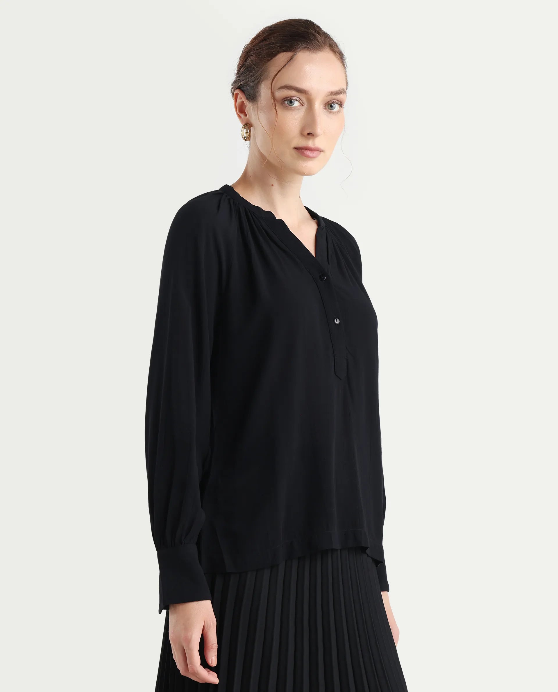 Rareism Women's Kella Black Mandarin Collar Plain Raglan Sleeve Regular Fit Top