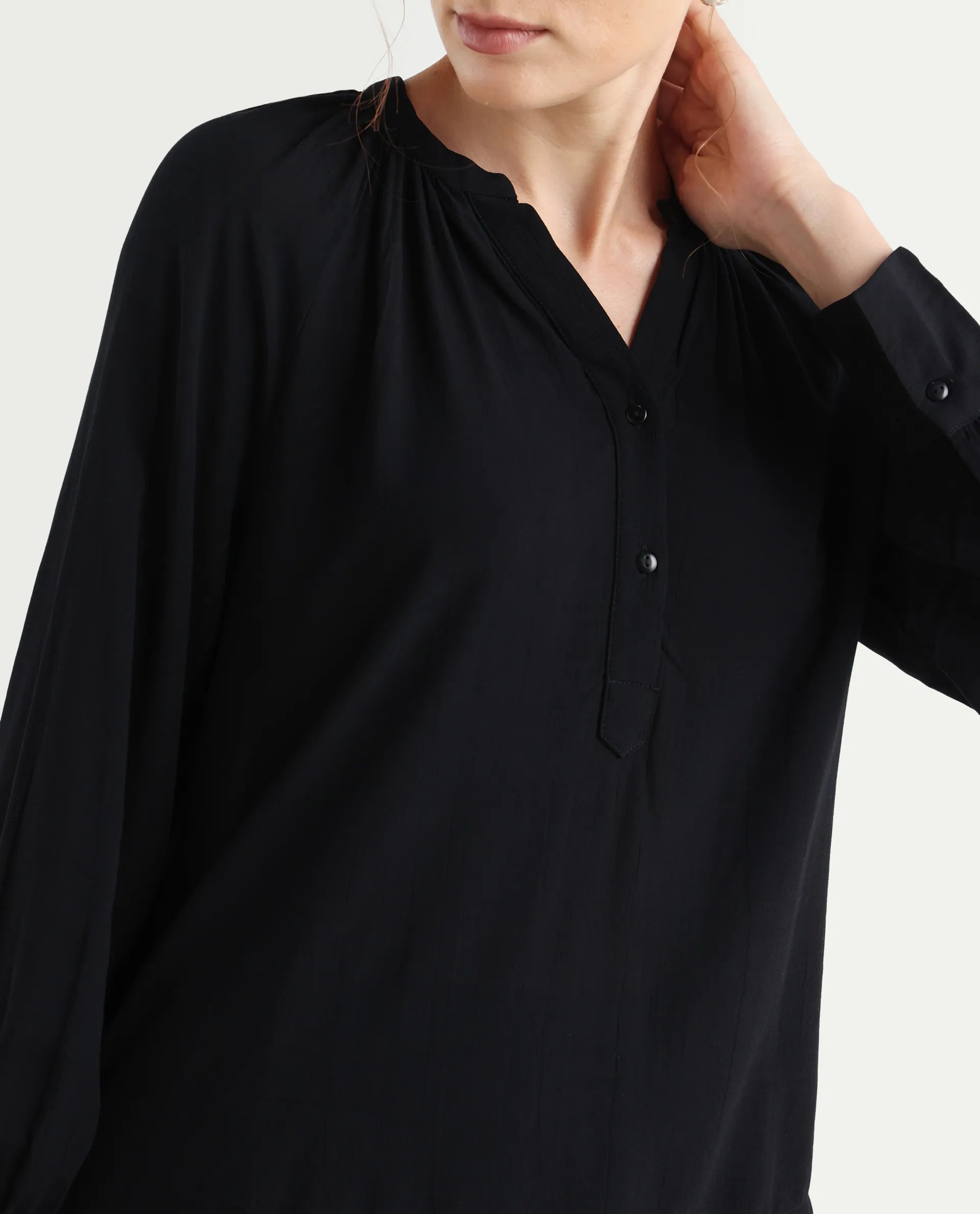 Rareism Women's Kella Black Mandarin Collar Plain Raglan Sleeve Regular Fit Top