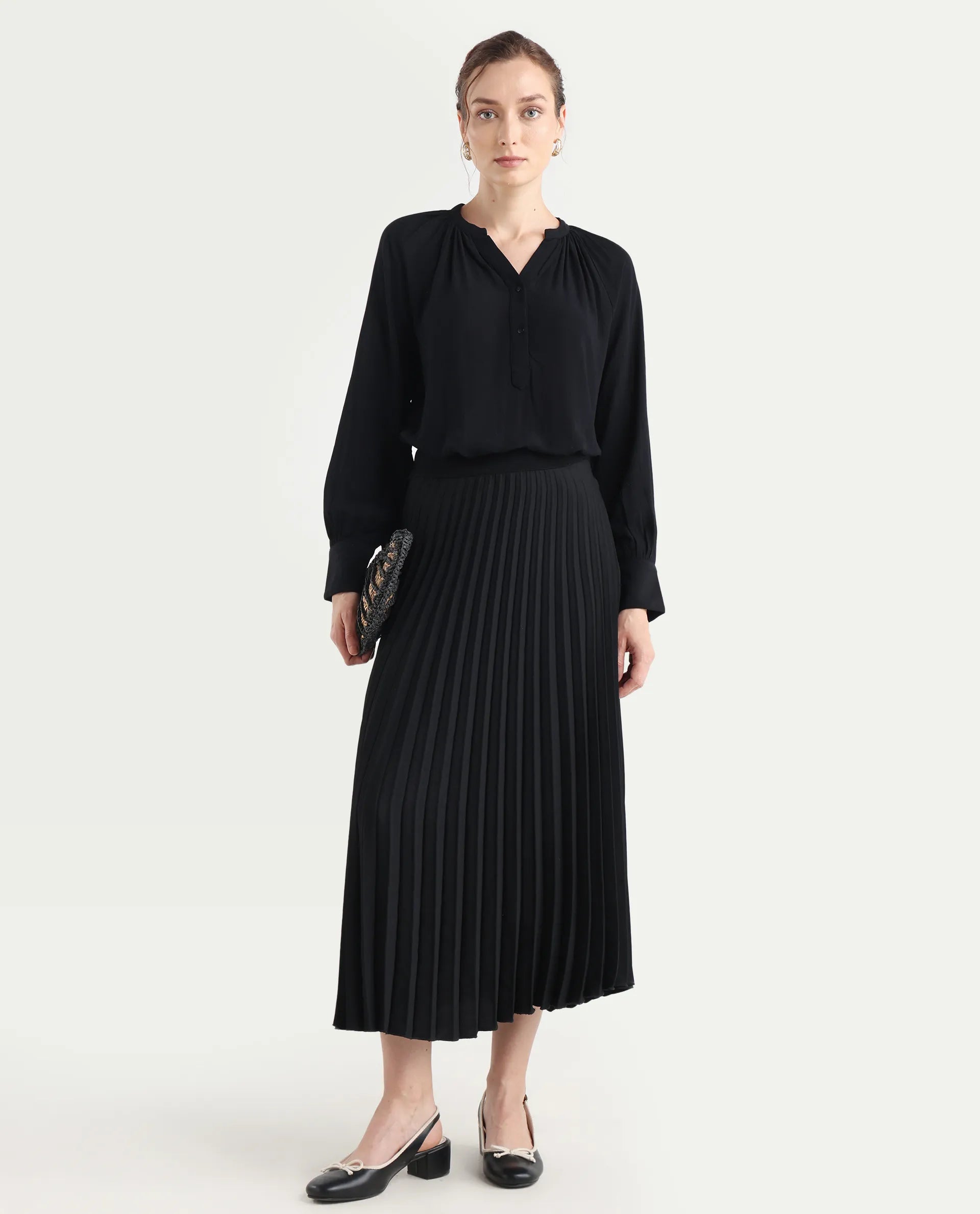 Rareism Women's Kella Black Mandarin Collar Plain Raglan Sleeve Regular Fit Top