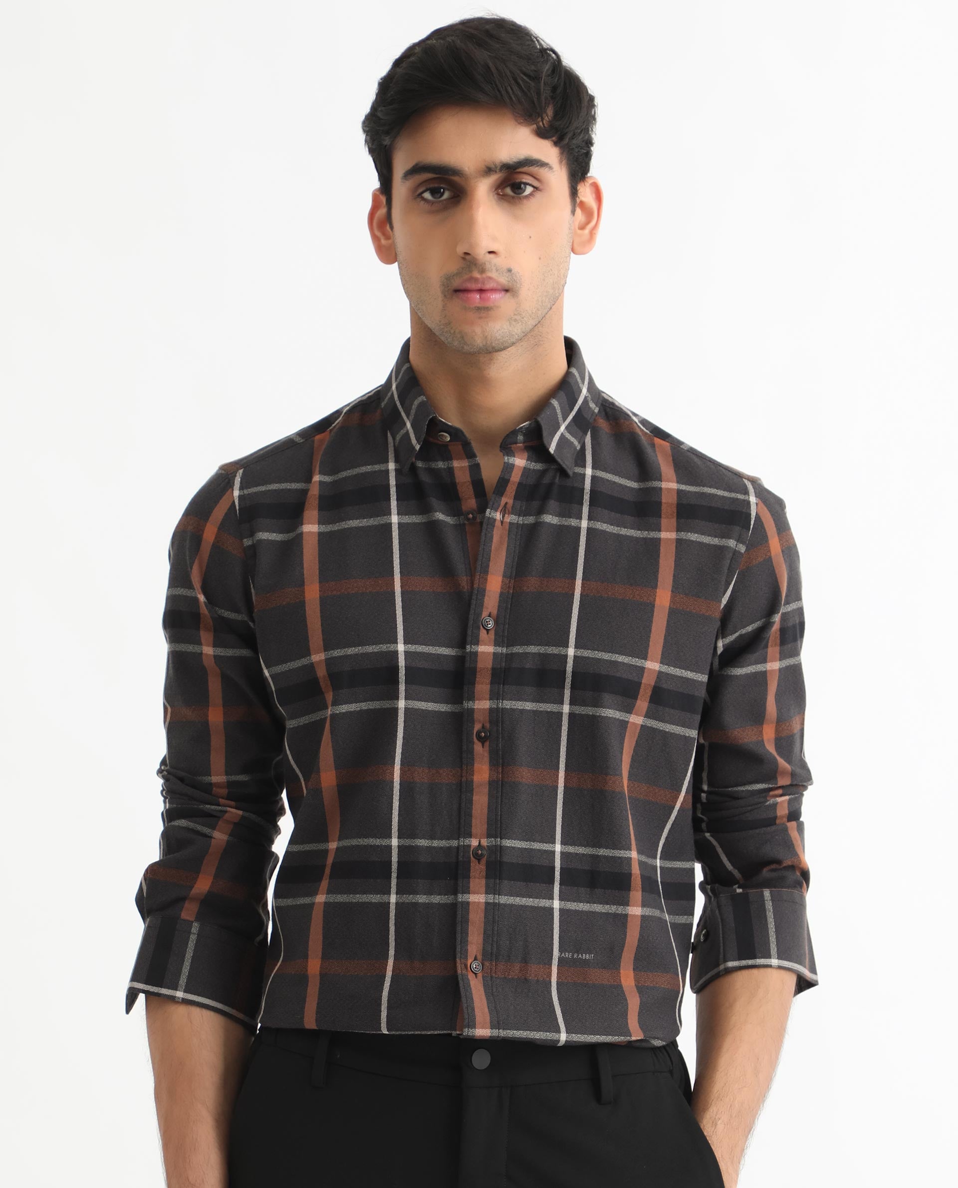 Rare Rabbit Men's Keller Black Cotton Fabric Full Sleeves Checks Shirt