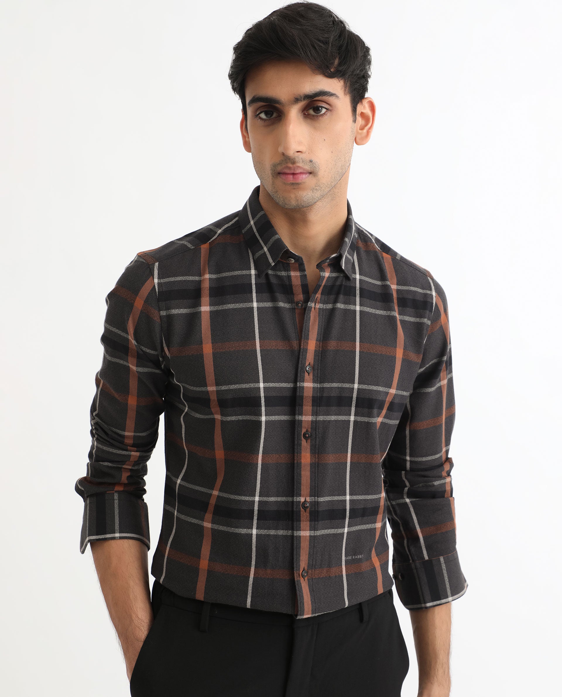 Rare Rabbit Men's Keller Black Cotton Fabric Full Sleeves Checks Shirt