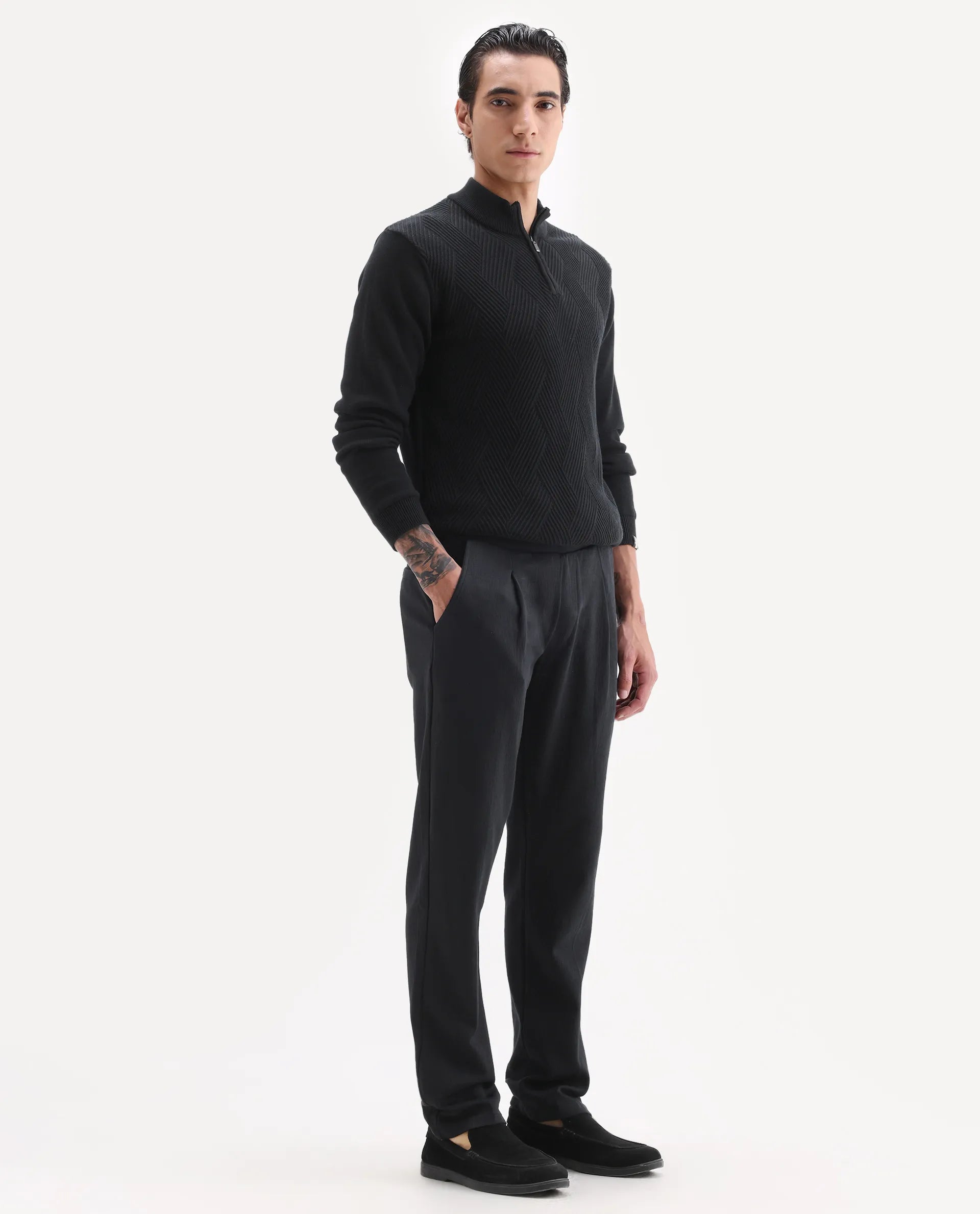 Rare Rabbit Men's Kelo Black Cotton Blend Plain Regular Fit Trouser