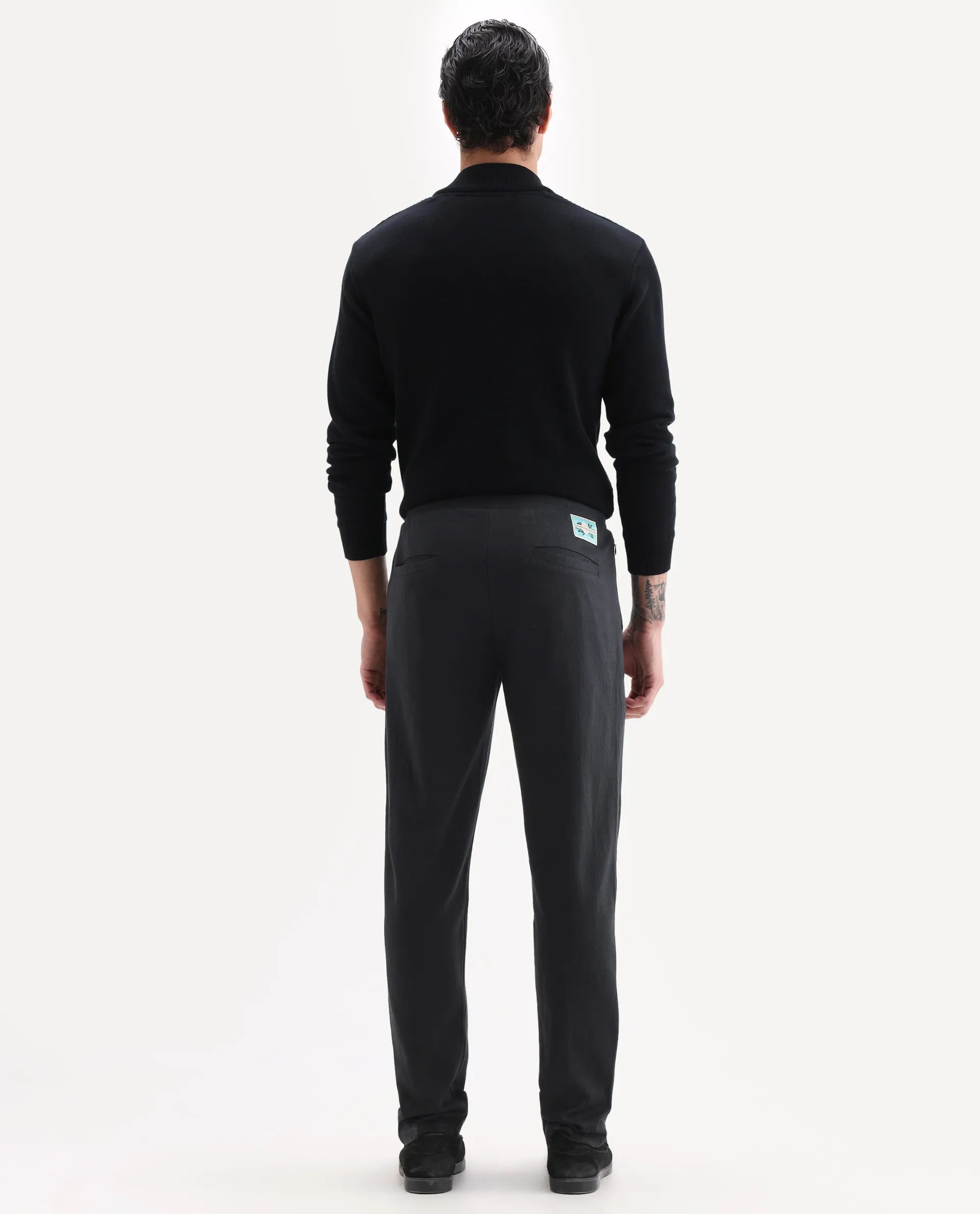 Rare Rabbit Men's Kelo Black Cotton Blend Plain Regular Fit Trouser