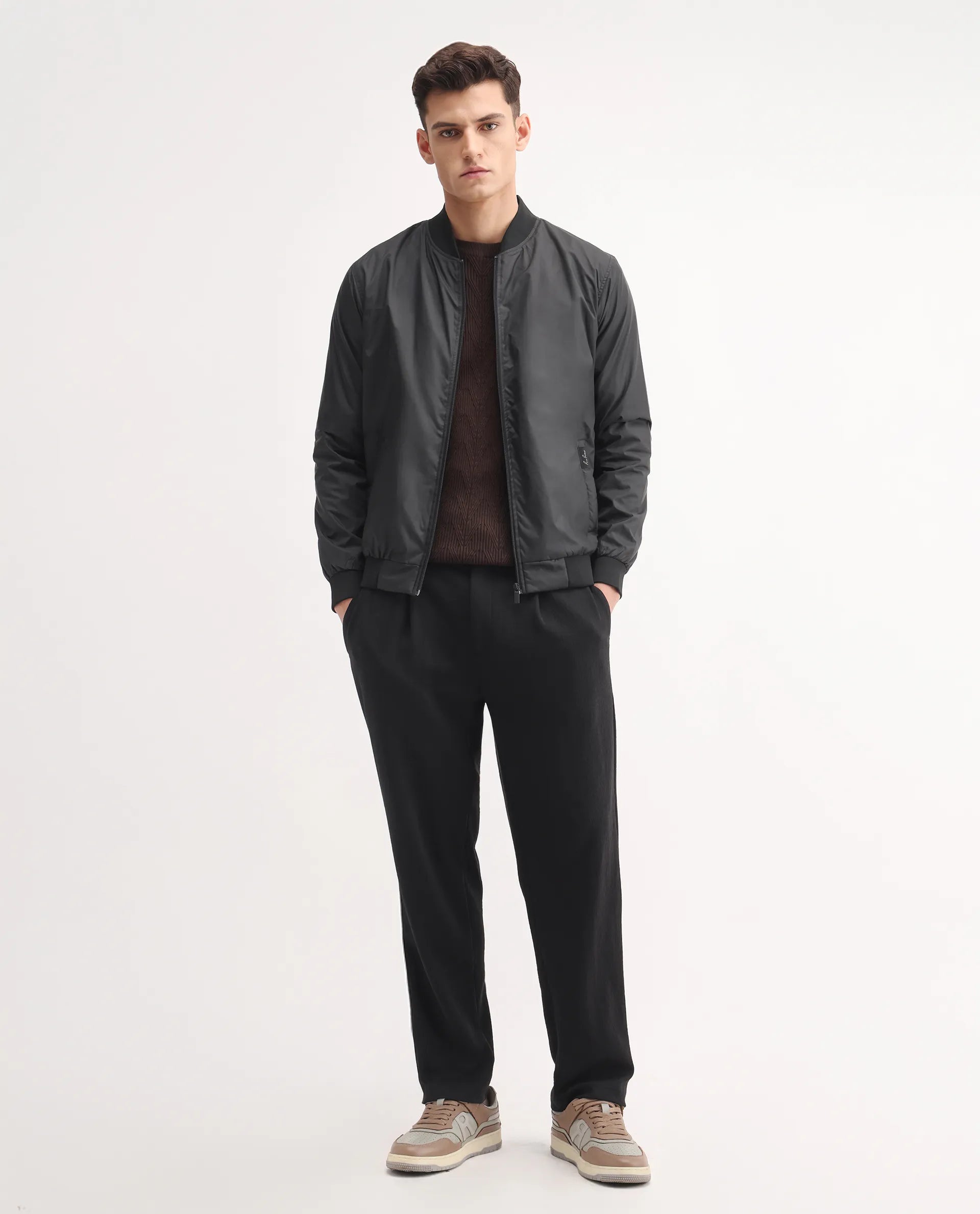 Rare Rabbit Men's Keloe Black Cotton Blend Plain Relaxed Fit Trouser