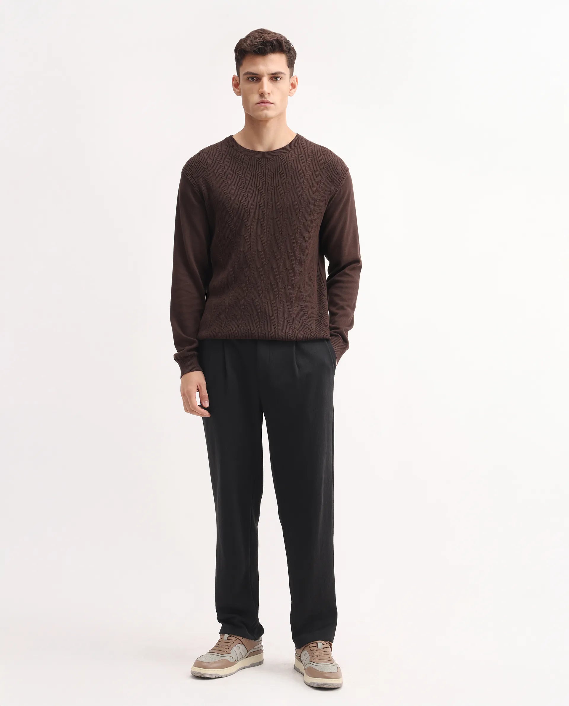 Rare Rabbit Men's Keloe Black Cotton Blend Plain Relaxed Fit Trouser