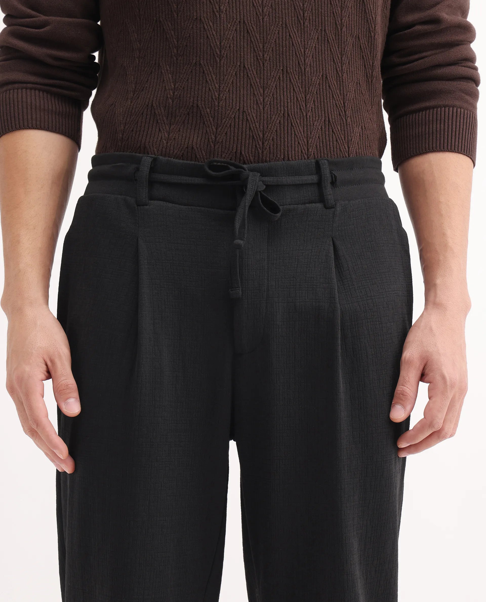 Rare Rabbit Men's Keloe Black Cotton Blend Plain Relaxed Fit Trouser