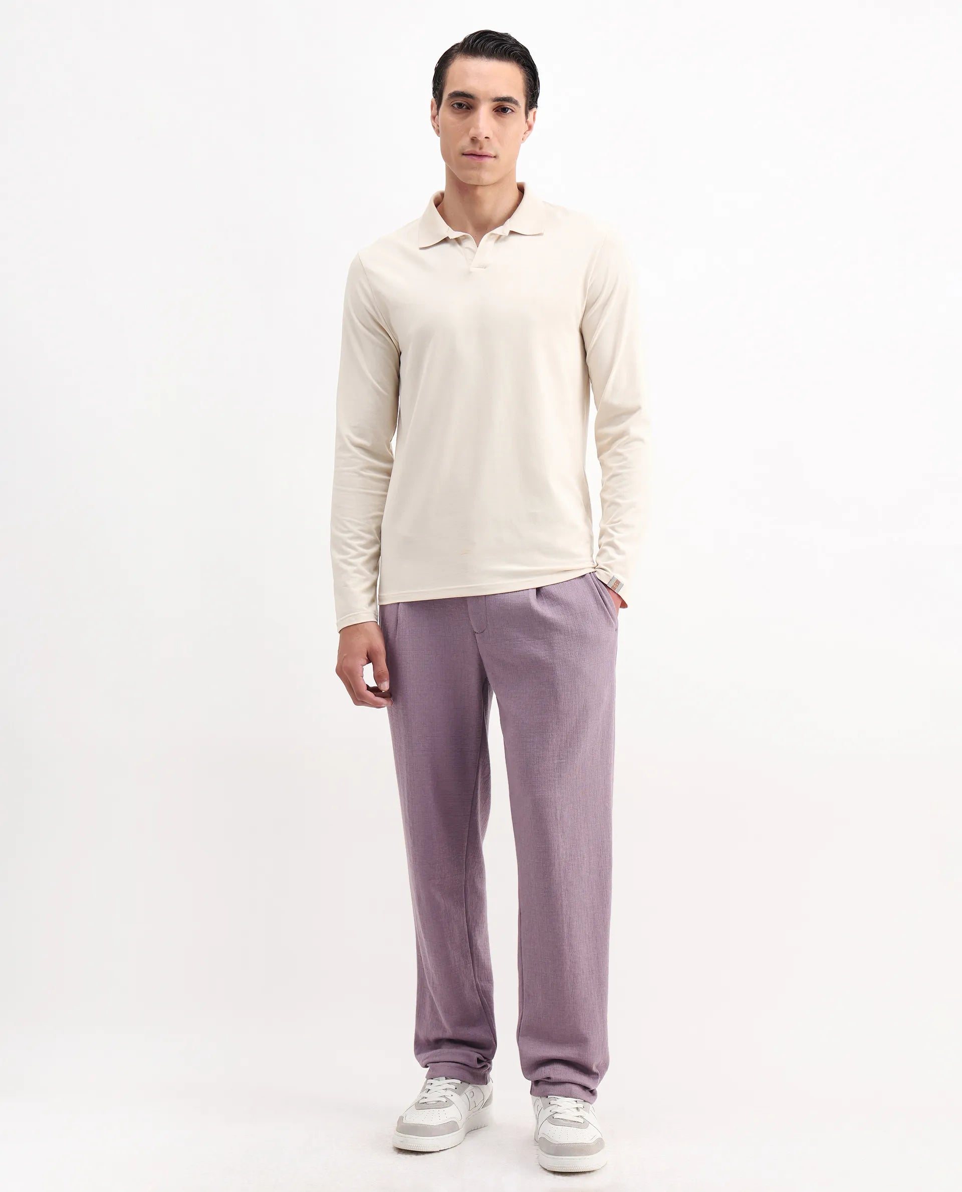 Rare Rabbit Men's Keloe Dusky Purple Cotton Blend Plain Relaxed Fit Trouser