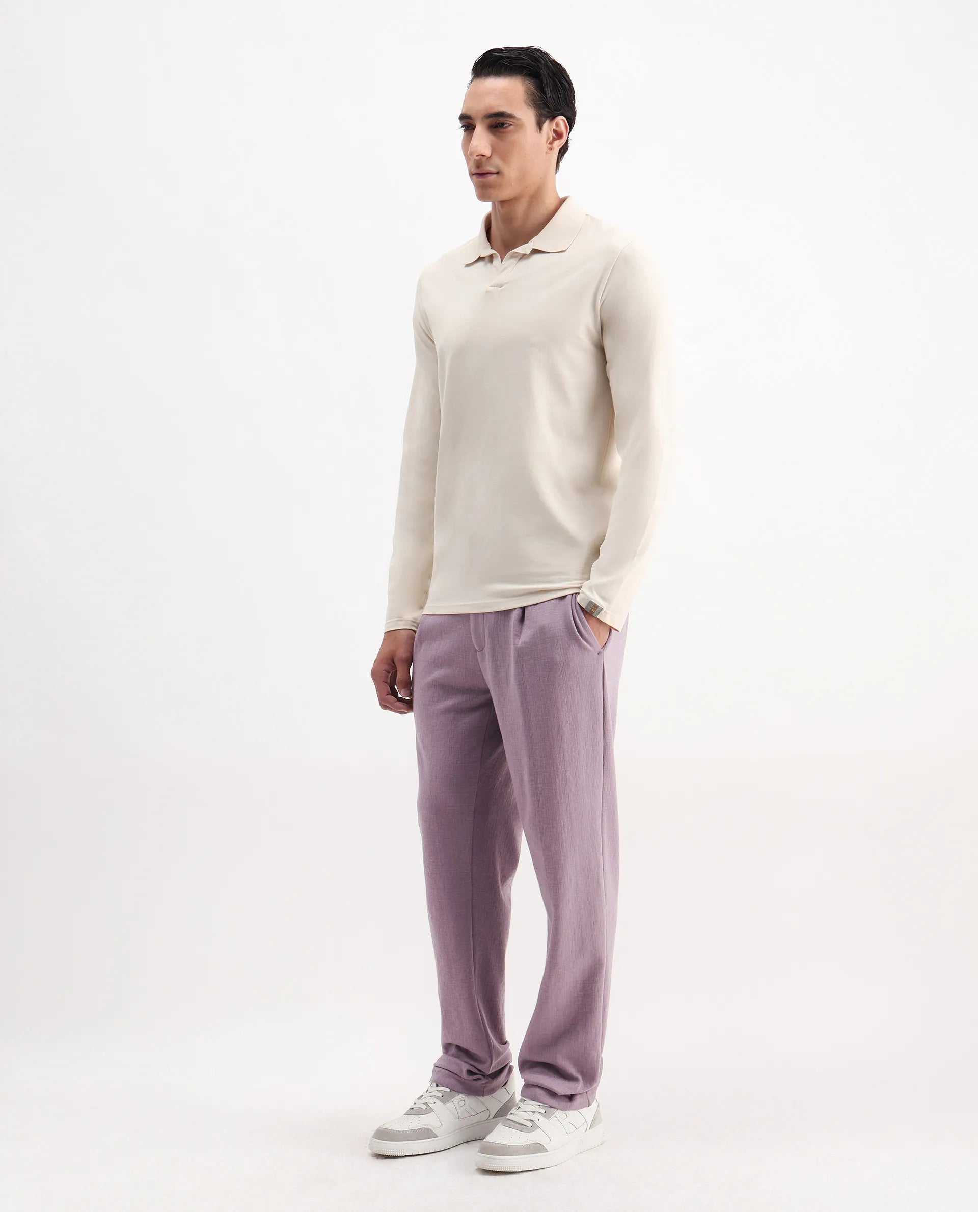 Rare Rabbit Men's Keloe Dusky Purple Cotton Blend Plain Relaxed Fit Trouser