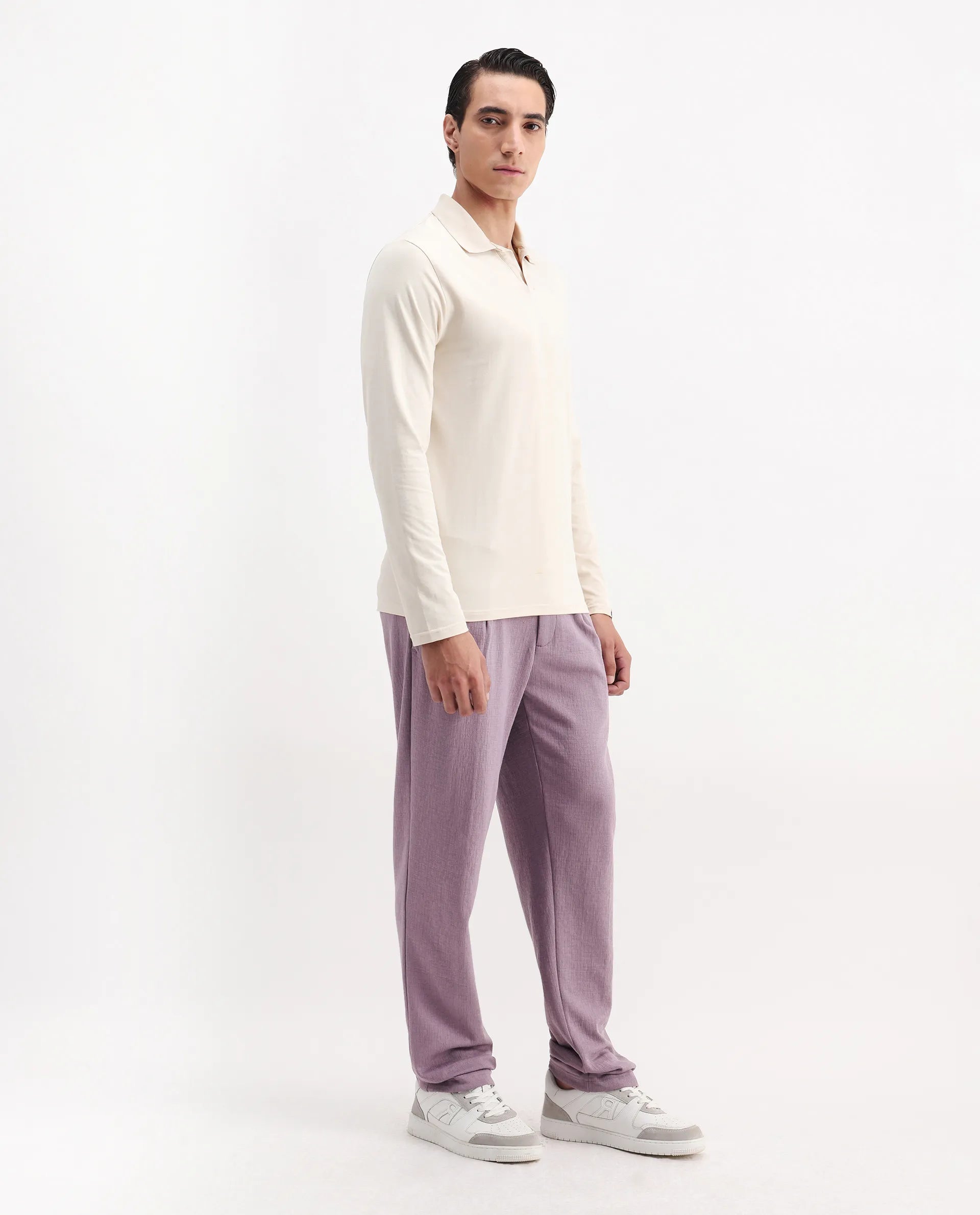 Rare Rabbit Men's Keloe Dusky Purple Cotton Blend Plain Relaxed Fit Trouser