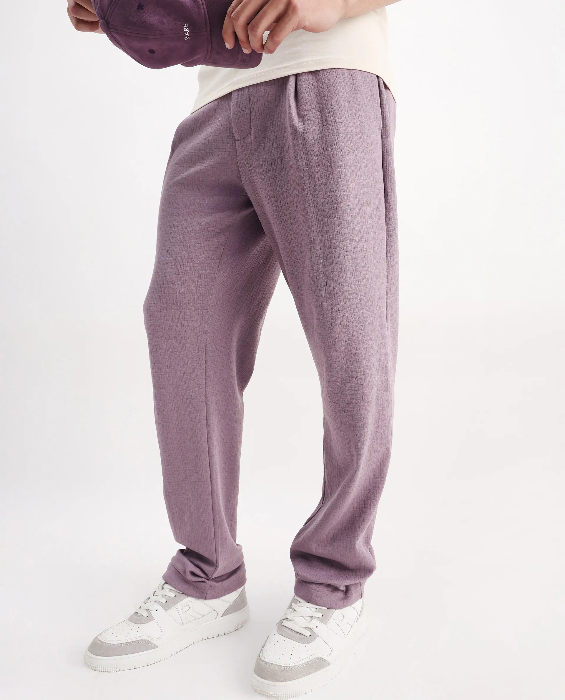 Rare Rabbit Men's Keloe Dusky Purple Cotton Blend Plain Relaxed Fit Trouser